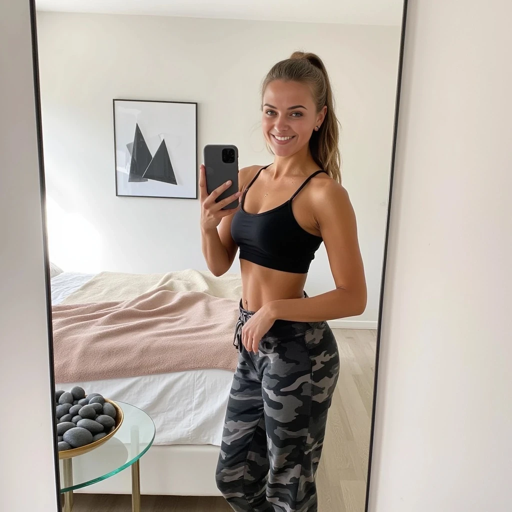 In this photograph, a young woman with a light tan complexion and long, light brown hair styled in a casual updo stands in a modern, minimalist bedroom taking a selfie in a full-length mirror. She has a fit, athletic physique with a flat stomach and toned arms. She is wearing a black sports bra that reveals a good amount of cleavage and high-waisted camouflage sweatpants. Her left arm is raised, holding a black smartphone with a grey case, capturing her image. Her expression is cheerful, with a wide smile.

The background shows a well-lit room with neutral tones. On the left side, there is a round, glass table with a decorative bowl of smooth, gray stones. Behind her, a neatly made bed with a beige blanket is partially visible, and a soft pink throw is draped over the edge. The room has light-colored walls and a smooth, light-colored floor. A piece of abstract art with geometric shapes in black and white hangs on the wall to the left. The atmosphere is bright and airy, with natural light streaming in from an unseen window. The overall style of the room is modern and clean, emphasizing simplicity and functionality.