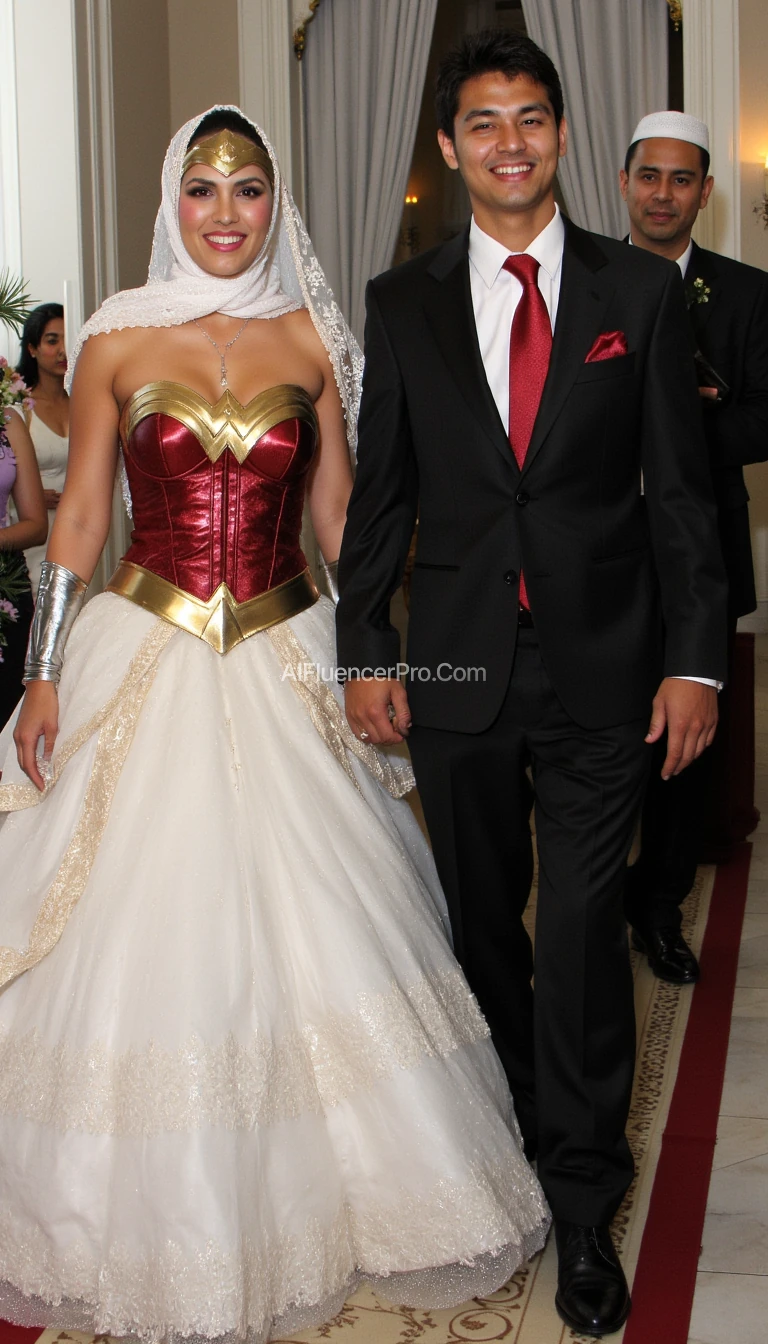 "Wonder Woman marries an Indonesian man, wearing a wedding dress layered over her superhero suit and a white headscarf. The man wears a peci and suit. Both smile happily, facing forward, with an Islamic officiant present."