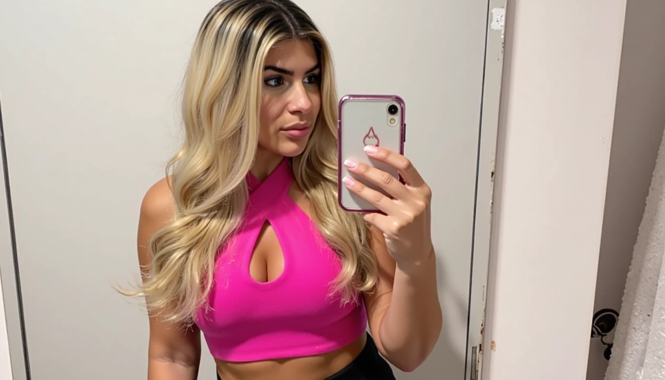 CSTMD, score_10,score_9,she should have beach blonde straight hair,she should be takig slutty selfies,body like kagney linn karter,she should have huge boobs:10.0,her boobs should be pushed up,her boobs should be perfectly shaped,she should be wearing a low cut neon pink spahetti strap tank top, she should be wearing skin tight yoga pants