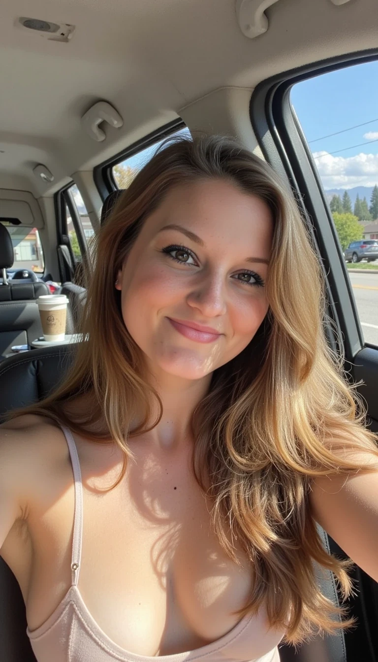 CSTMDL,  boring low quality snapchat photo circa 2015, A young woman wearing a bikini top, with a warm smile, sitting in the driver's seat of a cozy car. She has soft, wavy brown hair cascading past her shoulders. The sunlight streams through the window, casting a gentle glow on her face. The interior of the car is neat and comfortable, with a coffee cup in the cup holder and a small plant on the dashboard. The background outside the window shows a scenic road lined with trees and blue skies
