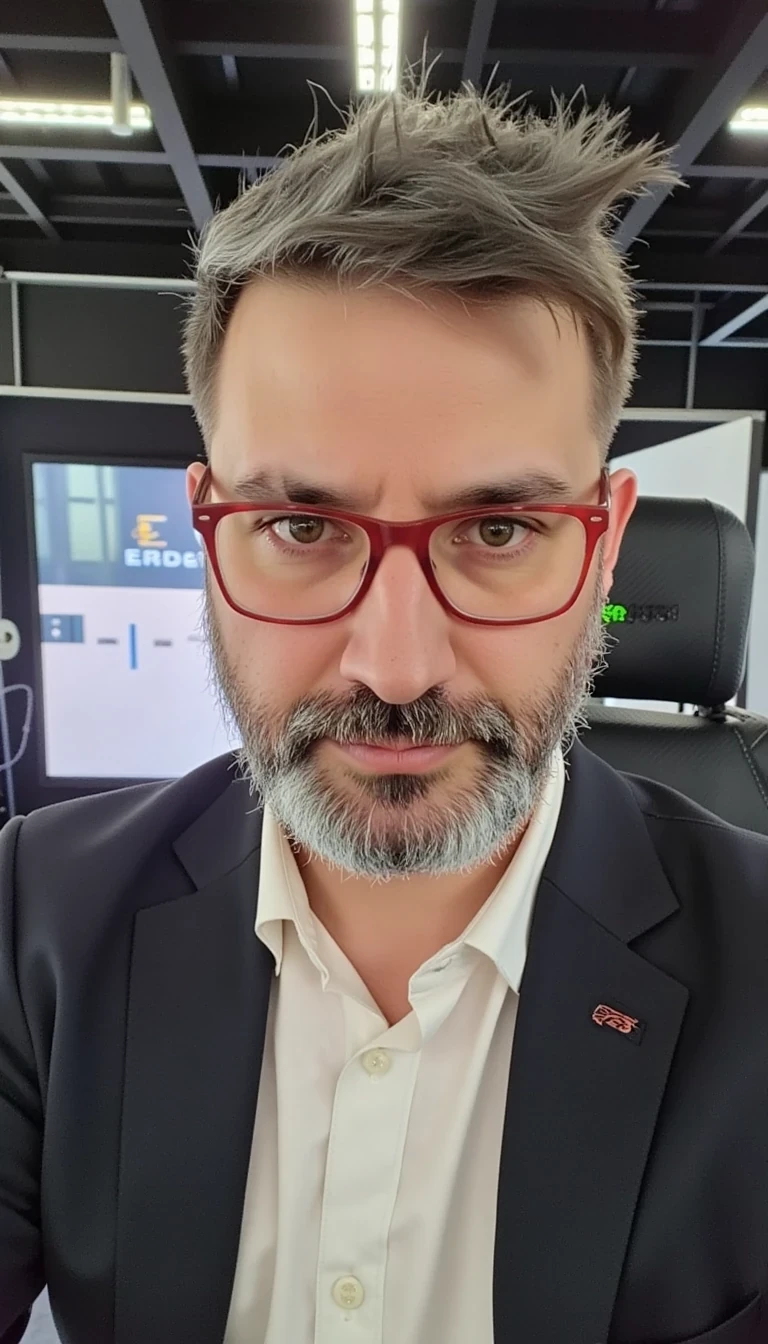 The face are not similar to the model i train... make him more realistic and similar. Businessman, He is wearing a suit and modern red Ray-Ban reading glasses. Slim but muscular build. He is facing the camera directly, as if posing for a LinkedIn profile picture. He looks like a CEO of a huge corporation with tshirt open. He is at a conference stage giving a conference.