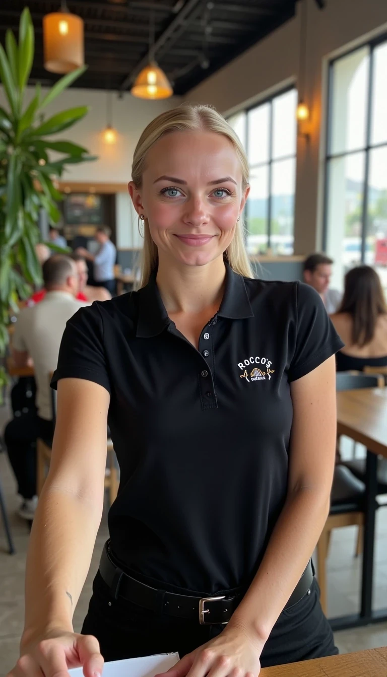 CSTMDL, Hailey, photorealistic portrait of a young woman in her early 20s with fair porcelain skin, smooth complexion, subtle natural makeup with soft pink lips and light eyeliner, straight blonde hair tied back in a neat ponytail, bright blue eyes sparkling with warmth, friendly genuine smile revealing straight white teeth, confident and approachable demeanor, gazing directly at the viewer with engaging eye contact; she is wearing a fitted black short-sleeved polo shirt with a small embroidered logo on the chest reading "Rocco's Tacos" in white lettering, tucked into slim black pants, no visible accessories; She is working as a waitress. she is holding a note pad and and writing on it. she is in front of a table taking the order. The is a couple at the table; set in a modern upscale cafe interior with high ceilings, large floor-to-ceiling windows allowing soft diffused natural daylight to flood in from the right side, creating gentle highlights and soft shadows on her face and clothing, warm ambient hanging pendant lights with golden glow in the background; background details include a tall green potted plant with broad leaves to the left, patrons seated at wooden tables including a man in a beige shirt facing away, another in gray chatting, and a woman in a black tank top with long brown hair; dominant colors are neutral blacks and grays with pops of green foliage, warm wood tones, and red accents from the food; overall welcoming and lively casual dining atmosphere, evoking freshness and hospitality; composition is a medium close-up shot from a slight low angle to emphasize approachability, framed centrally with balanced symmetry, captured with a Canon EOS 5D Mark IV camera using a 50mm prime lens at f/2.8 aperture for shallow depth of field, ISO 100 for crisp details, natural window lighting supplemented by soft indoor LEDs at 4000K color temperature, hyper-realistic textures like the soft cotton weave of the polo shirt, and smooth skin pores; ultra-detailed, hyperrealism, photorealistic rendering indistinguishable from a high-resolution photograph, 8k resolution, sharp focus on the woman and plate with bokeh background.