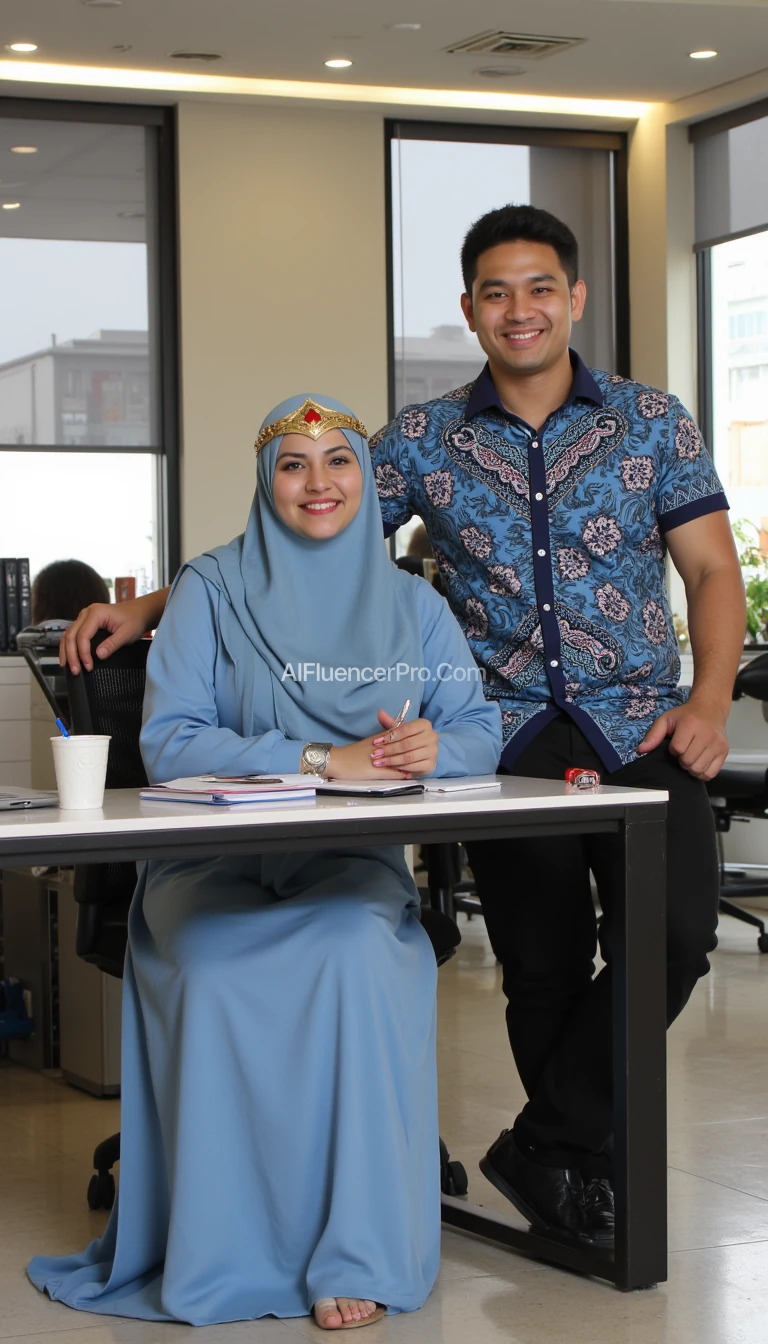 "In a professional office setting, Wonder Woman sits beside her boyfriend at a sleek desk, both facing the camera and smiling warmly. She wears a long, wide jilbab and a soft blue gamis with subtle Wonder Woman logo patterns tastefully integrated into the design. Her outfit is modest and elegant, fully covering her body, while she retains her iconic tiara over her hijab, symbolizing her heroic identity. Beside her is her boyfriend, a tall, handsome man with fair skin, an athletic build, and a confident posture. He wears a stylish Batik shirt and black trousers, exuding charm and sophistication. On the desk in front of them is a laptop, along with neatly arranged office items like a notebook, pen, and coffee cup. The backdrop features modern office decor, including large windows with natural lighting, bookshelves, and minimalist design elements, creating a photorealistic and professional atmosphere."