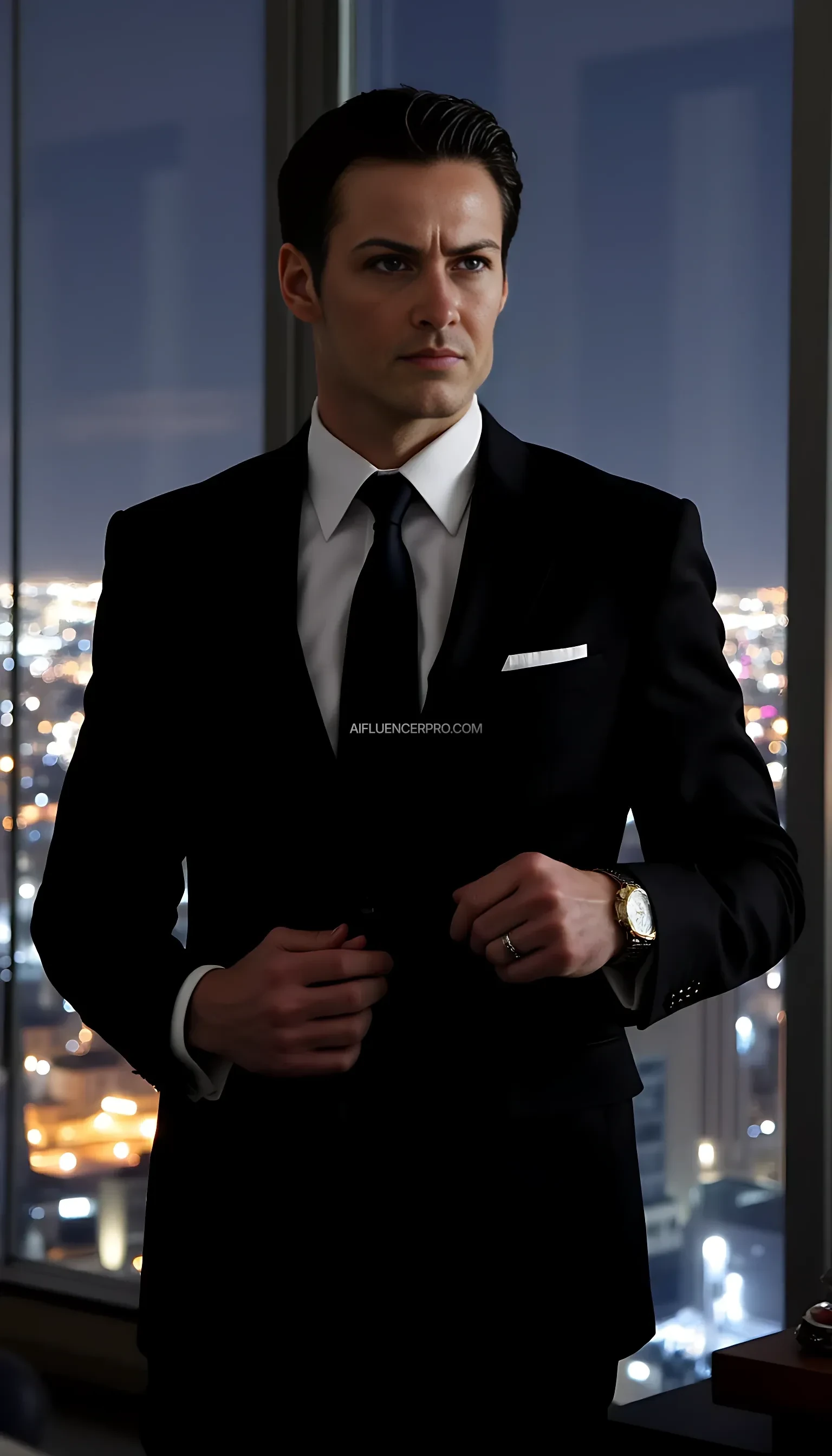 Imagine Bruce Wayne existing in the real world, depicted as a sophisticated and charismatic businessman in his early 40s. He is dressed in a perfectly tailored black suit with an elegant tie, his face clean-shaven with sharp and confident features. His black hair is slicked back. He stands in a luxurious office at the top of a modern skyscraper, with a view of the illuminated city through large windows. His demeanor exudes power and control, with one hand resting on a dark wooden desk and the other adjusting a luxury watch. Natural light from the windows highlights the refined details of his appearance.