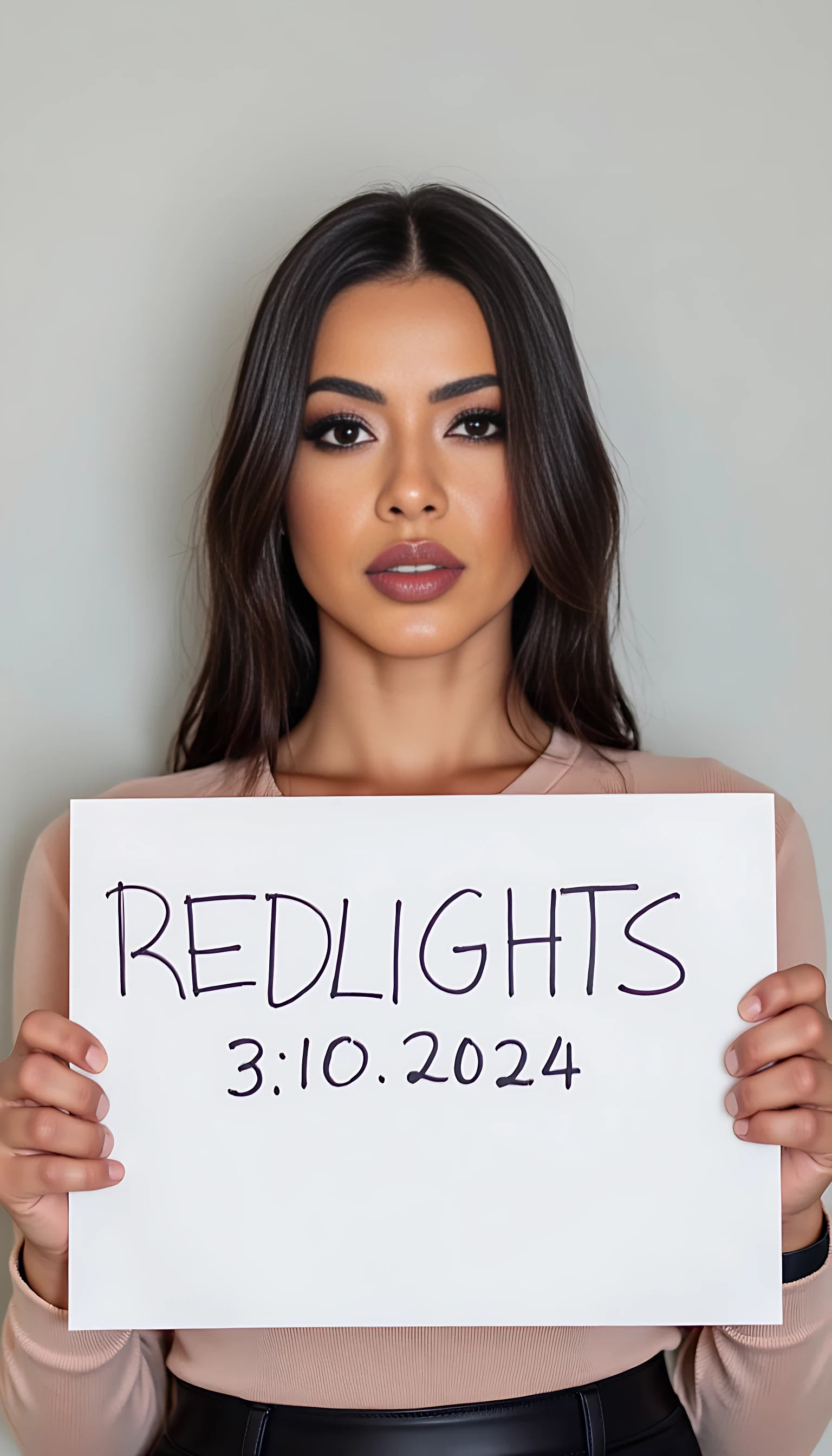 photo of woman CSTMDL,   woman holds a sign with handwritten text. She is wearing long sleeves and has neutral makeup. The sign reads "REDLIGHTS" followed by "31/10/2024" in a simple script. The background is a plain, light-colored wall, providing a minimalist and uncluttered setting.