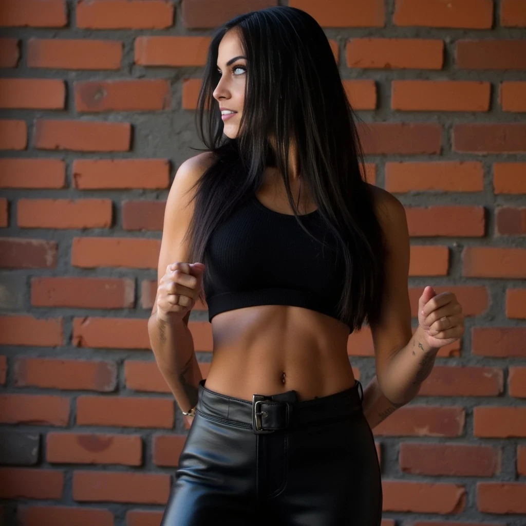 Photo of a fit, athletic woman with toned abs, firm thighs and glutes, natural curves, long black hair, wearing black leather pants and a fitted cropped top, confident posture, no tattoos, photorealistic lighting, consistent proportions, against a brick wall with shadows
