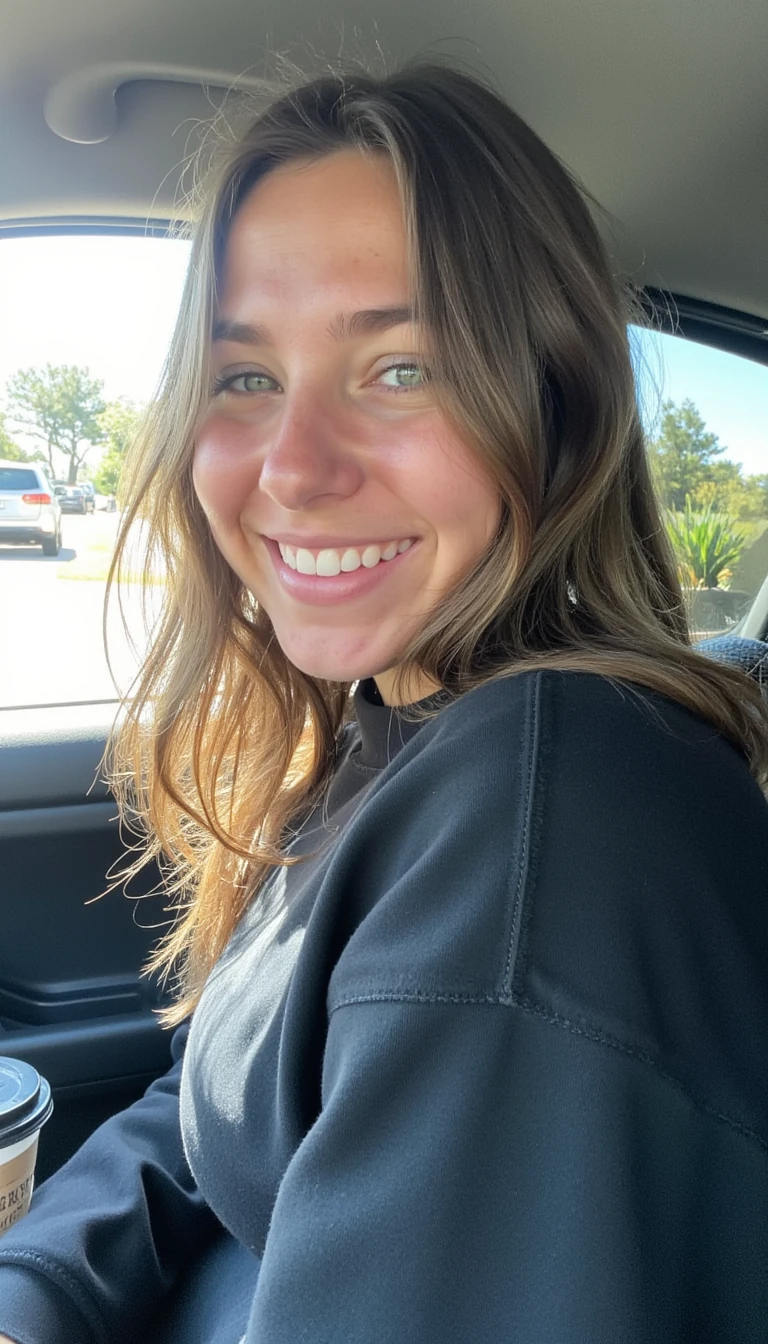 boring low quality snapchat photo circa 2015, A young woman with a warm smile, sitting in the driver's seat of a cozy car. She has soft, wavy brown hair cascading past her shoulders. The sunlight streams through the window, casting a gentle glow on her face. The interior of the car is neat and comfortable, with a coffee cup in the cup holder and a small plant on the dashboard. The background outside the window shows a scenic road lined with trees and blue skies