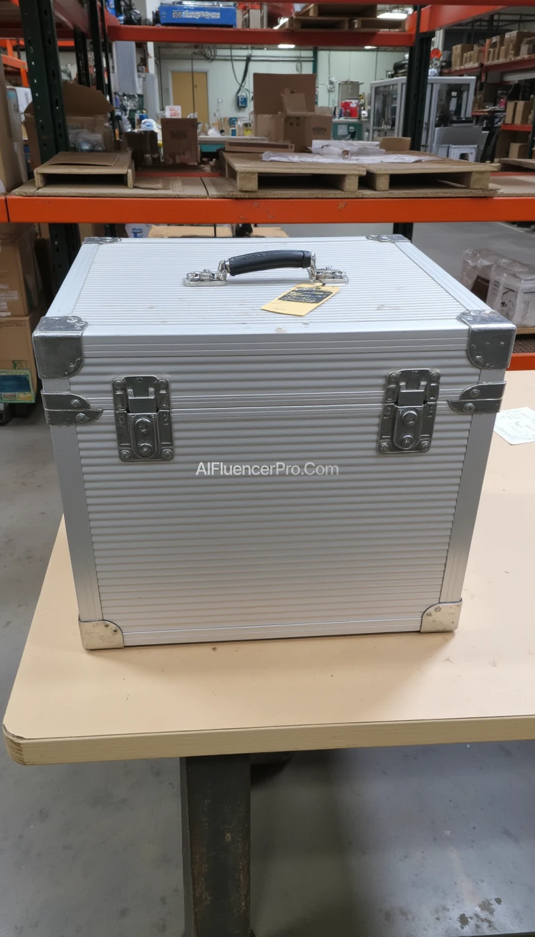 A picture of a metallic, rectangular box old and dusty with a ribbed pattern. It has two shiny metal latches on the front and a black handle. The corners are reinforced with metal protectors. The box has a sleek, industrial design, primarily silver in color on a custom clearance facility table with a tag on it