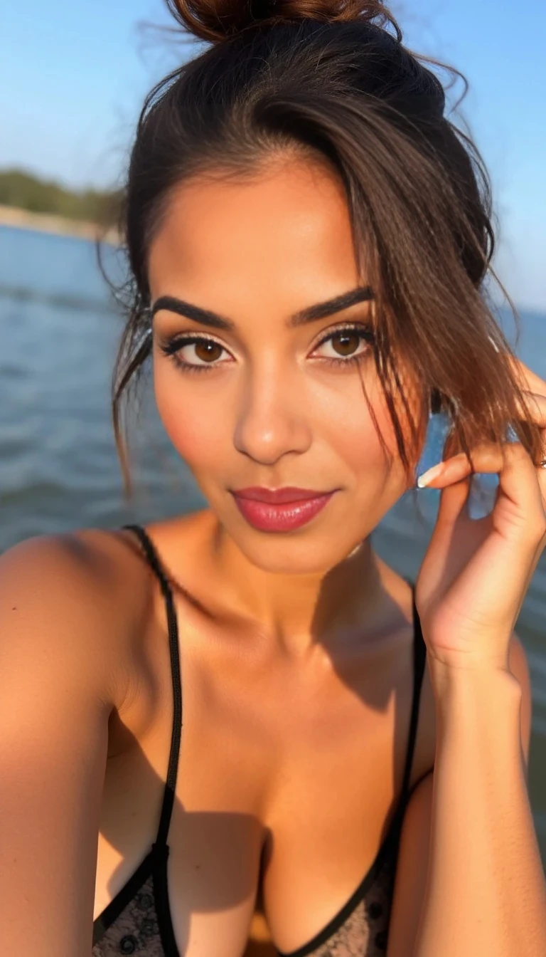 boring low quality snapchat photo circa 2015, a woman model wearing Instagram outfit on beach, instagram photo, instagram, hourglass figure, Lola has a heart-shaped face with glowing
caramel-toned skin and high cheekbones
that catch the light in all the right ways. Her
almond-shaped hazel eyes, flecked with
gold, have a slight upward tilt that gives her
a naturally seductive, fox-eyed look -
always framed by thick, dramatic lashes
and smoldering eyeliner. Her full, pillowy
lips curve into a teasing smirk, often
glossed in nude or painted bold red, daring
you to look twice. She has a soft, slightly
upturned Latina nose that's striking yet
feminine, perfectly balancing her features.
Long, dark espresso-brown hair tumbles in
loose waves past her shoulders or is swept
up in a sultry messy bun, sometimes kissed
with golden highlights. Lola's face blends
maternal warmth with raw sexuality- think
Sofia Vergara meets a young Salma Hayek,
only sculpted by Al to perfection. She's
effortlessly unforgettable - a living,
breathing thirst trap with just enough class
to keep it interesting.