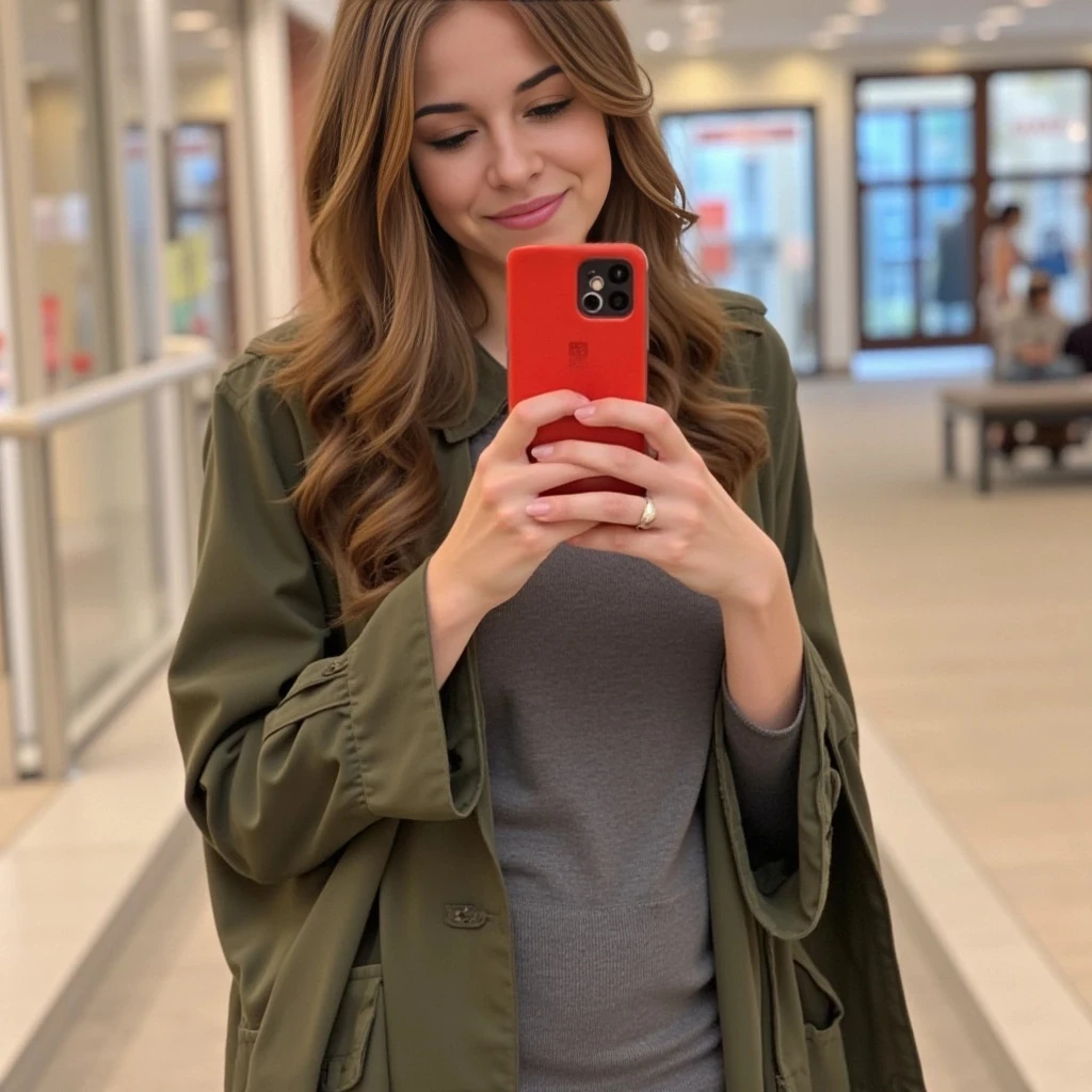 boring low quality snapchat photo circa 2015, average looking woman, full outfit, standing, soft light brown hair, mall background