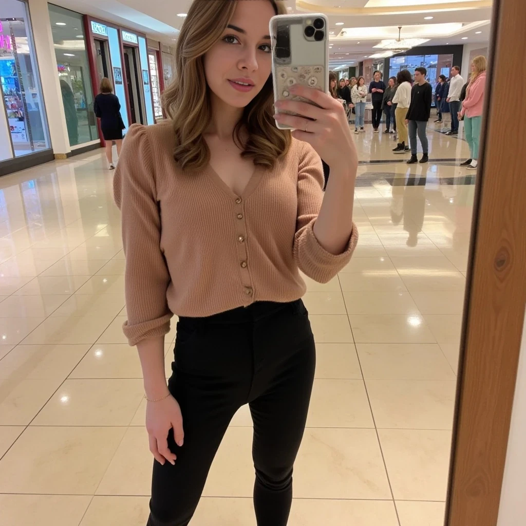 boring low quality snapchat photo circa 2015, average looking woman, full outfit, standing, soft light brown hair, mall background