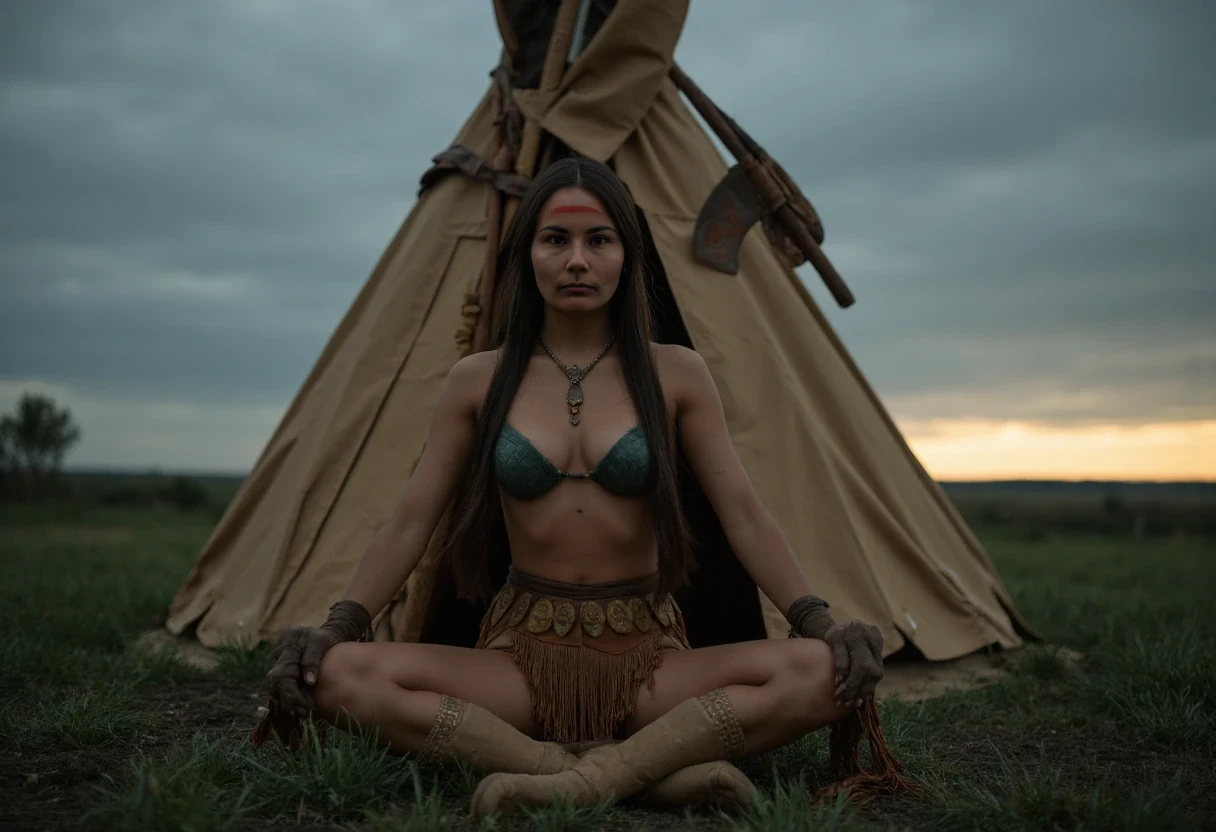 Medium shot photo of a beautiful 25-year-old slim athletic Native American woman warrior with small petite A cup breasts, wearing native American Regalia, posing stoically in front of a round native American plains style tipi. Set under dim natural sunrise light. The sun has barely begun to peek over the horizon. The image has a dull color palette, with the greenery of the ground around the tipi being dark green and browns cast with shadows and dull gray sky meets the sunrise on the horizon enhancing the moody atmosphere. The woman, who is Native American in appearance, has a slim athletic build and petite tiny breasts. She is wearing a traditional smoked hide native American Regalia outfit, it consists of two real turtle shells in a dark green palette, a turtle shell fitted over each breast and strung together to turn them both into a bra. They look rigid and tough like snapping turtle shells. A smoked hide leather panties, it is golden smoked hide brown in color. She is wearing heavy leather vambraces on her forearms and leather wraps around her shins. She is wearing a thick wide leather kidney belt with circle brass plates riveted around it's exterior from which a long fringe breechcloth cut to an arrow point in the center on the front and back is fitted to. It drapes loosely overtop of her panties and down past her knees in length. It sways downward. You can still see her entire turtle shell bra and leather panties. She is wearing smoked hide moccasins on her feet. Her hair is Native American styled with 2 long braids. She is a fierce sight, a confident capable warrior. She weilds a steel tomahawk in her right hand. There is a bundle of arrows in a smoked hide quiver on her back. She sits on the ground in front of the tipi with her legs spread apart towards the camera. You can see you can see her panties under her long fringe breechcloth. The woman is looking directly at the camera stoically without any other expression. She has red warpaint streaked in one straight line along her cheekbones. There is no explicit nudity visible. Cinematic shooting style. Romantic setting