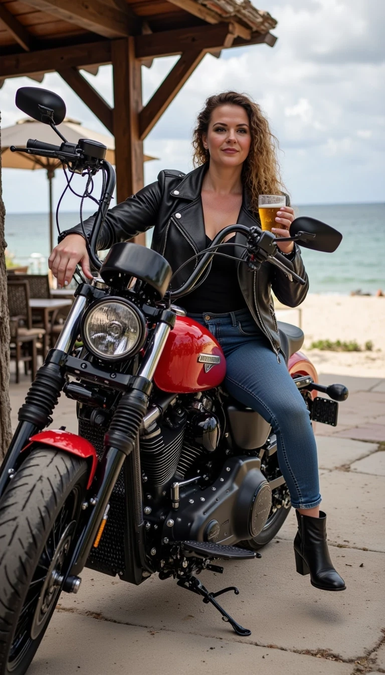 A 20s something brunette sitting on a shining red Harley roaring wearing jeans,chaps and a leather jacket drinking a cold beer sitting next to a beach cabana