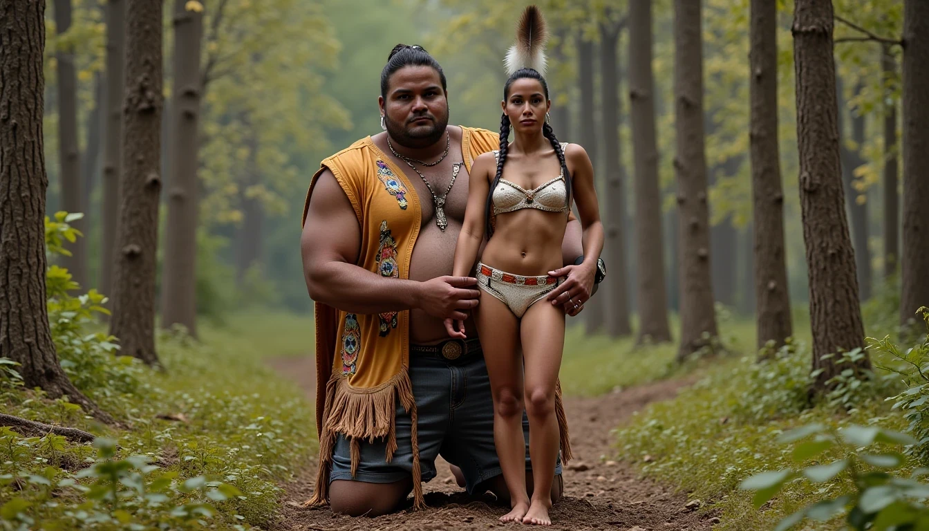 photo of woman CSTMDL, a medium shot photo of, a slim woman, her full body is in the scene, she has a slender petite build with petite small boobs and a flat chest, she has small dark skin nipples with long pointy nipple ducts and small dark skinned areolas, her hair is styled with two long braids she has eagle plumes in her hair, she is not wearing earrings, she is wearing daisy duke denim booty shorts, she is wearing a native American style vest in a golden yellow color over top of her underwear, her vest is open exposing her strapless bra, her bra is a strapless white lace bra, she is wearing white lace panties, she is wearing ankle height smoked hide moccasins, natural lighting, natural light, amateur photography, shot on an iPhone, she is standing with her legs spread wide apart in a densely wooded forest, she is maintaining intense eye contact with the camera, there is a giant native American fat man three times her height kneeling directly behind her holding onto gripping the woman's waistline, the man is holding her in front of him, the man is a real giant three times the height of an average male, public setting, Hyper realism, ultra-sharp focus, highly detailed, natural lighting, natural light, amateur photography,