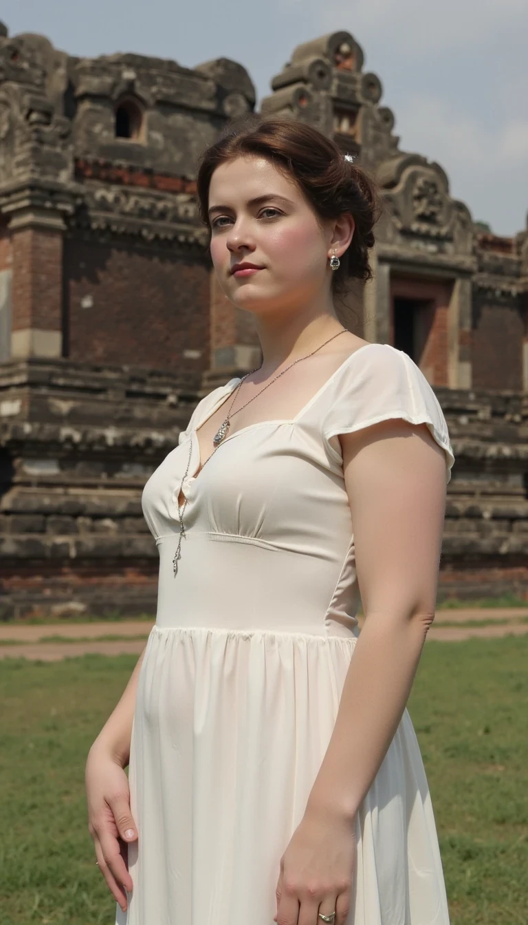 woman CSTMDL, photo ((medium)), brunette, blue eyes, cold smile, 1900 covering white dress, small pendant, tied hair, big breast, thin waist, cambodian khmer ruins in background
