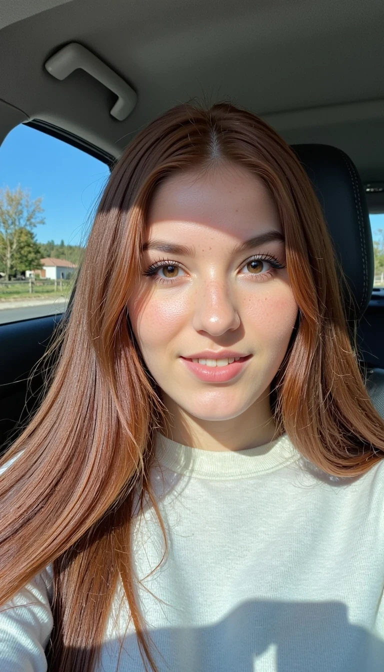boring low quality snapchat photo circa 2015, A young woman with a warm smile, sitting in the driver's seat of a cozy car. She has soft, wavy brown hair cascading past her shoulders. The sunlight streams through the window, casting a gentle glow on her face. The interior of the car is neat and comfortable, with a coffee cup in the cup holder and a small plant on the dashboard. The background outside the window shows a scenic road lined with trees and blue skies