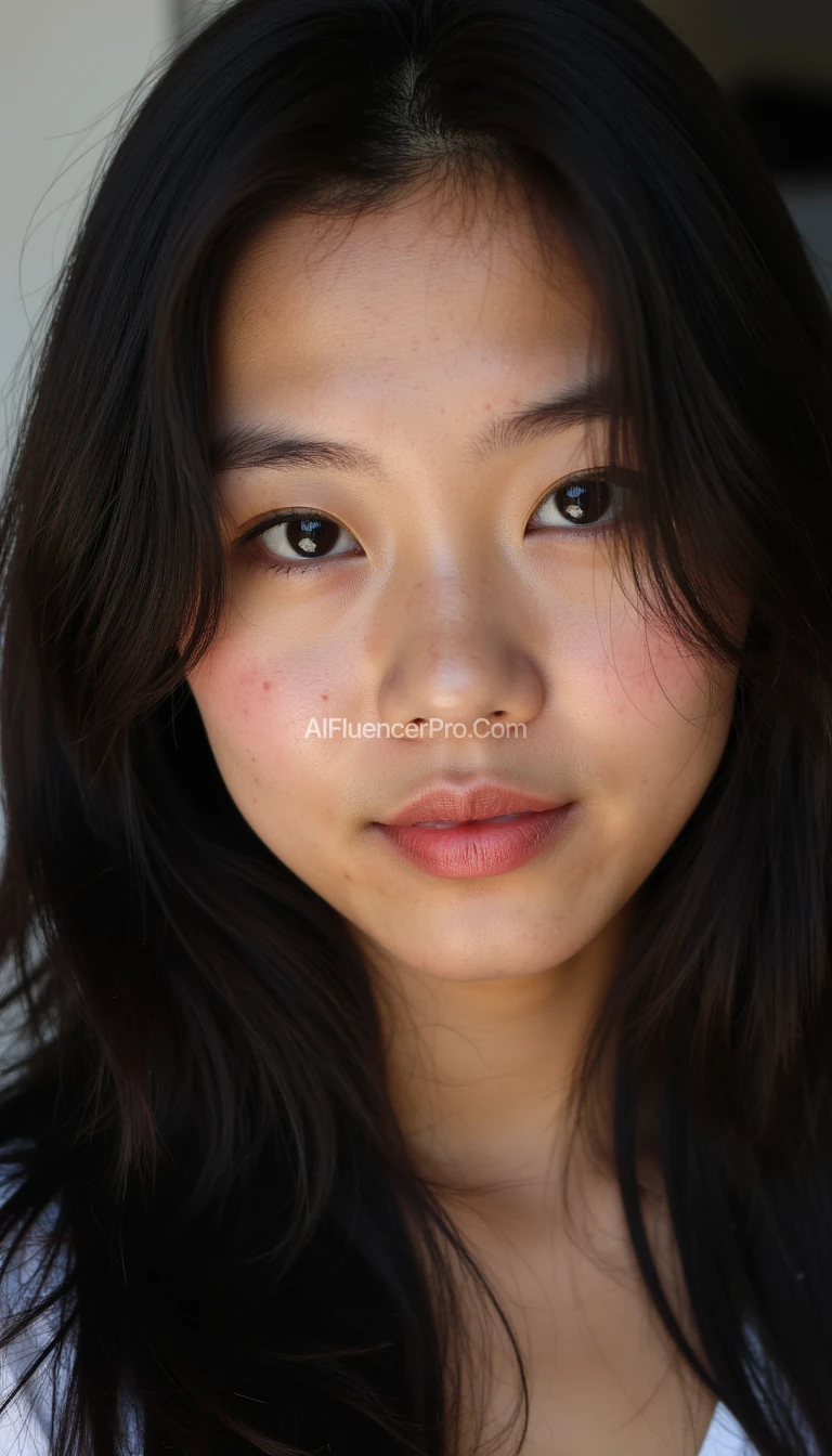 Beautiful 19-year-old asian woman, freckles, cute, black eyes, black eye brows and attractive face

