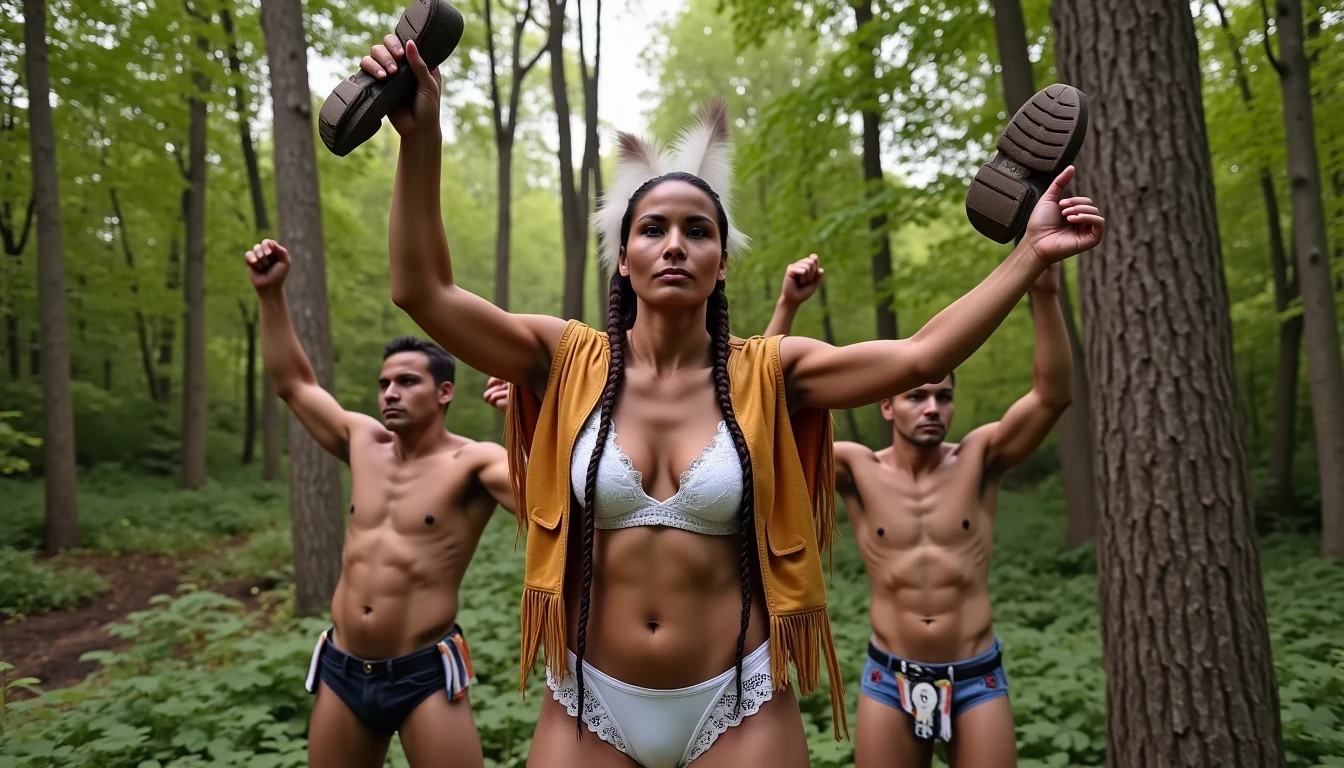 photo of woman CSTMDL, a selfie photo of, a slim woman, her full body is in the scene, she has a slender petite build with petite small boobs and a flat chest, she has small dark skin nipples with long pointy nipple ducts and small dark skinned areolas, her hair is styled with two long braids she has eagle plumes in her hair, she is not wearing earrings, she is wearing daisy duke denim booty shorts, she is wearing a native American style vest in a golden yellow color over top of her underwear, she is holding her vest open exposing her strapless bra, her bra is a strapless white lace bra, she is wearing white lace panties, she is wearing ankle height smoked hide moccasins, natural lighting, natural light, amateur photography, shot on an iPhone, she is spread out like a starfish by two native American giants with her legs spread wide apart in a densely wooded forest, she is maintaining intense eye contact with the camera, two fat giant native American man standing up directly on either side of her holding onto her by her wrists and ankles, the men are holding her up suspended in the air between them, they have a wrist and an ankle in each hand, the men are real giants, public setting, Hyper realism, 16k, uhd, ultra-sharp focus, perfect meshes and textures, highly detailed, highly accurate reflections, natural lighting, natural light, amateur photography,