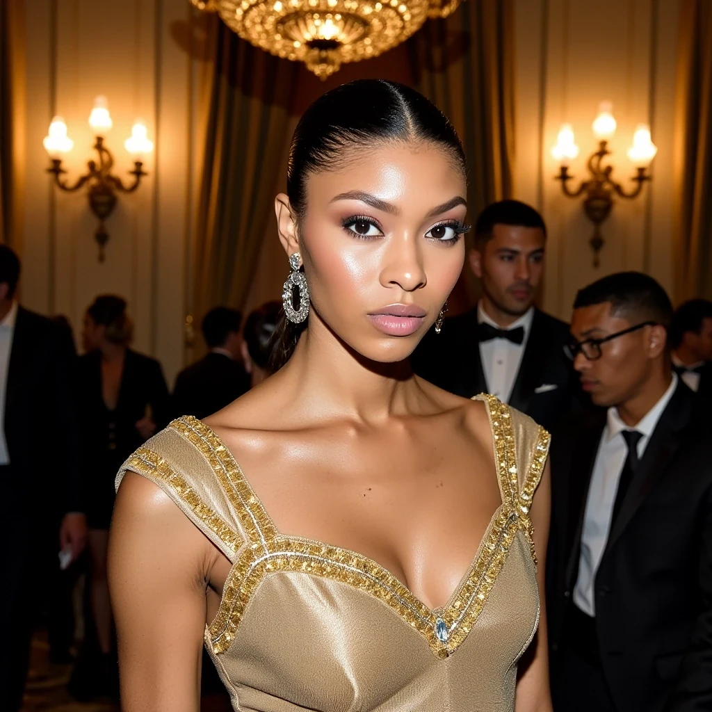 Paris Fashion Week Harper's Event
Shot on Leica M11, 75mm f/1.4, ISO 400, 1/250 sec. Captured at Ritz Paris. Model in Balmain couture with gold thread and crystal embellishment. Strategic beauty lighting emphasizing high cheekbones and graceful neck line. Carine Roitfeld-inspired styling. Background: French fashion editors, vintage chandeliers, champagne towers creating bokeh effect at f/2.
 CSTMDL
