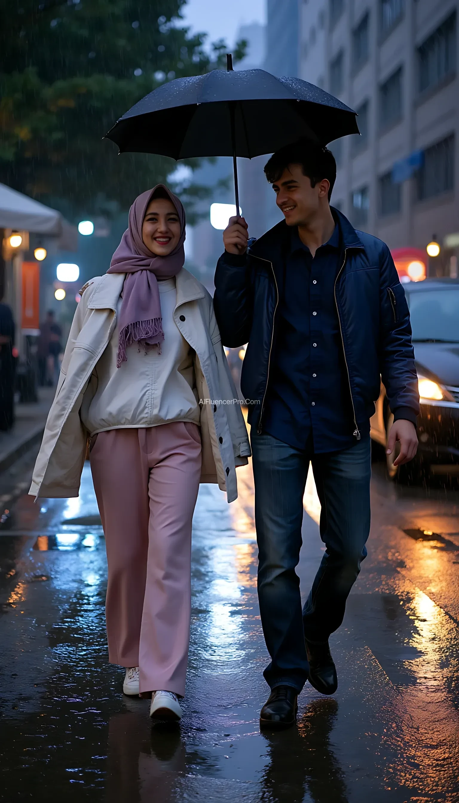 Photorealistic Supergirl walks through the rain with her companion on a dark, wet city street. His white jacket, held up with one hand and his partner's with the other, was held out like an impromptu umbrella to protect them from the falling rain. Supergirl wore pastel trousers with a matching hijab, her face lit up with a warm smile as she looked up at her partner. His partner, wearing a navy shirt, blue jacket and jeans, smiled gently while holding the hem of the jacket with his hand. The puddles on the road reflect the sparkling city lights, creating a romantic and cinematic atmosphere in the rain.