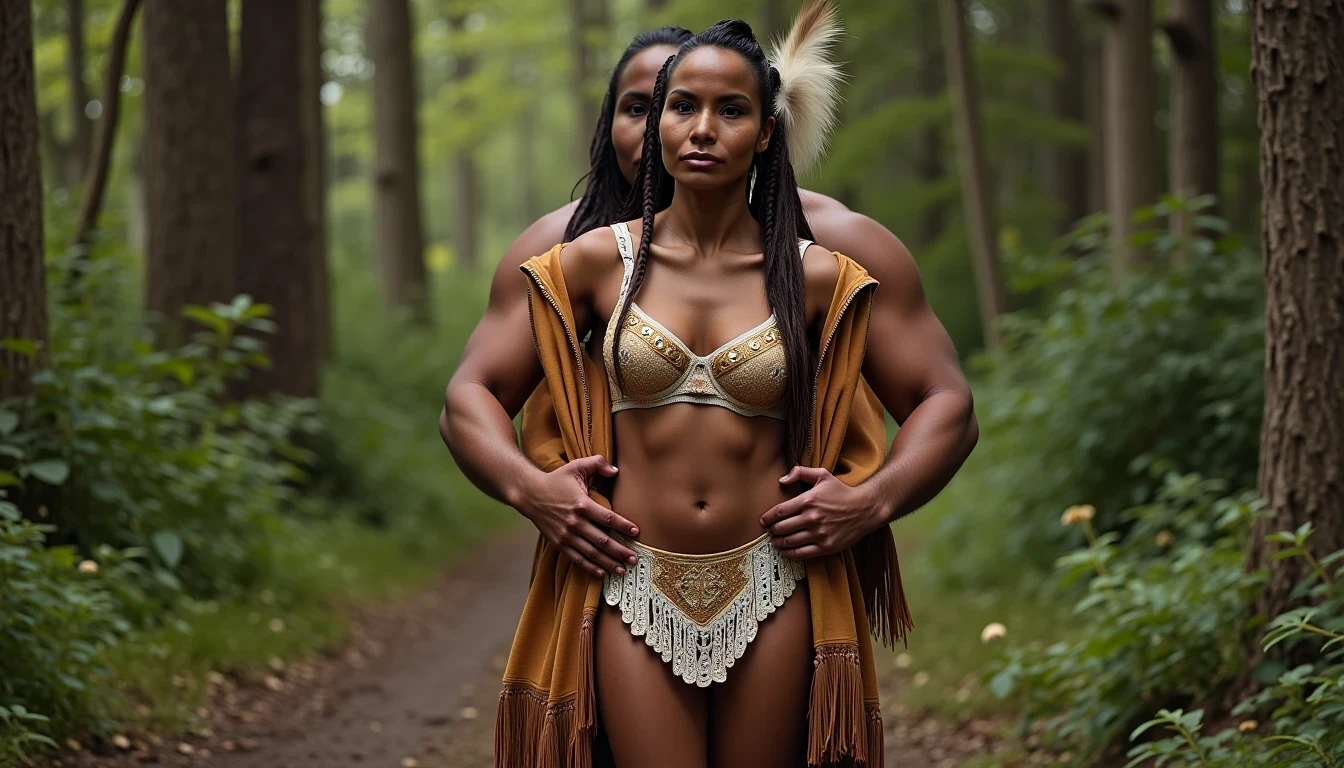 photo of woman CSTMDL, a medium shot photo of, a slim woman, her full body is in the scene, she has a slender petite build with petite small boobs and a flat chest, she has small dark skin nipples with long pointy nipple ducts and small dark skinned areolas, her hair is styled with two long braids she has eagle plumes in her hair, she is not wearing earrings, she is wearing daisy duke denim booty shorts, she is wearing a native American style vest in a golden yellow color over top of her underwear, her vest is open exposing her strapless bra, her bra is a strapless white lace bra, she is wearing white lace panties, she is wearing ankle height smoked hide moccasins, natural lighting, natural light, amateur photography, shot on an iPhone, she is standing with her legs spread wide apart in a densely wooded forest, she is maintaining intense eye contact with the camera, there is a giant native American fat man three times her height kneeling directly behind her holding onto gripping the woman's waistline, the man is holding her in front of him, the man is a real giant three times the height of an average male, public setting, Hyper realism, ultra-sharp focus, highly detailed, natural lighting, natural light, amateur photography, she has her hands placed down by her sides