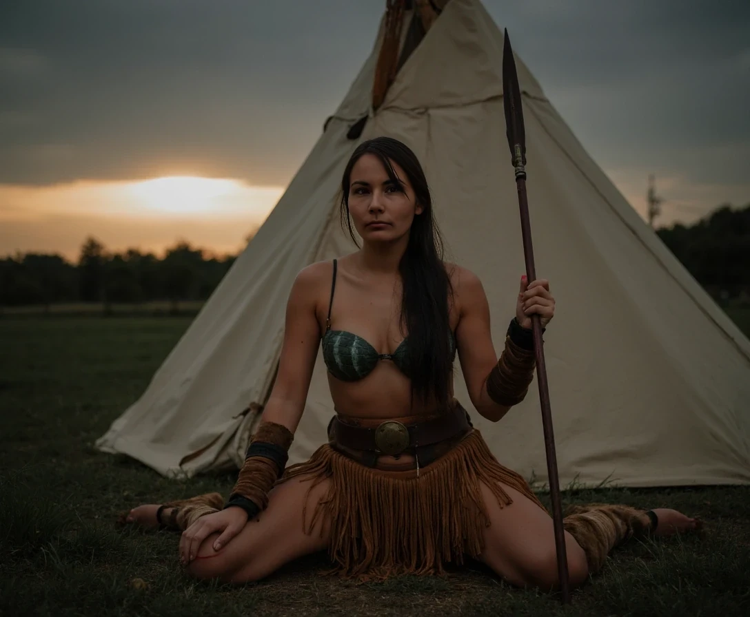 Medium shot photo of a beautiful 25-year-old with a slender athletic build. A Native American woman warrior with small petite almost flat breasts, wearing native American Regalia, posing stoically in front of a round native American plains style tipi. The tipi is a large tipi, large enough for a small family. Set under dim natural sunrise light. The sun has barely begun to peek over the horizon. The image has a dull color palette, with the greenery of the ground around the tipi being dark green and browns cast with shadows and dull gray sky meets the sunrise on the horizon enhancing the moody atmosphere. The woman, who is Native American in appearance, has a slim athletic build and petite tiny almost flat breasts. She is wearing a top that  consists of two real turtle shells in a dark green palette, a turtle shell fitted over each breast and strung together with leather to turn them both into a bra. They look rigid and tough like snapping turtle shells. A smoked hide leather panties that are smoked golden brown in color.She is wearing heavy leather vambraces on her forearms that go all  the way up to below her elbow and leather wraps around her shins that go all the way up to below her knees. She is wearing a dark brown, thick, wide, leather kidney belt with circle brass plates as wide as the belt riveted around it's exterior from which a short fringe breechcloth with widely spaced thin cut fringe is fitted to it is a golden smoked hide brown color. It drapes loosely overtop of her panties and down to just below her panties in length. It is widely spaced fringed you can still see her entire turtle shell bra and leather panties. She is wearing ankle height smoked hide moccasins on her feet. Her hair is Native American styled with 2 long braids. She is a fierce sight, a confident capable warrior. She weilds a long steel spear in her right hand with a small spear tip and a long shaft which is where her hand is gripped. There is a bundle of arrows in a smoked hide quiver on her back. She sits on the ground in front of the tipi with her legs spread apart towards the camera. You can see you can see her panties under her long fringe breechcloth. The woman is looking directly at the camera stoically without any other expression. She has red warpaint streaked in one straight line along her cheekbones. There is no explicit nudity visible. Cinematic shooting style. Romantic setting.
