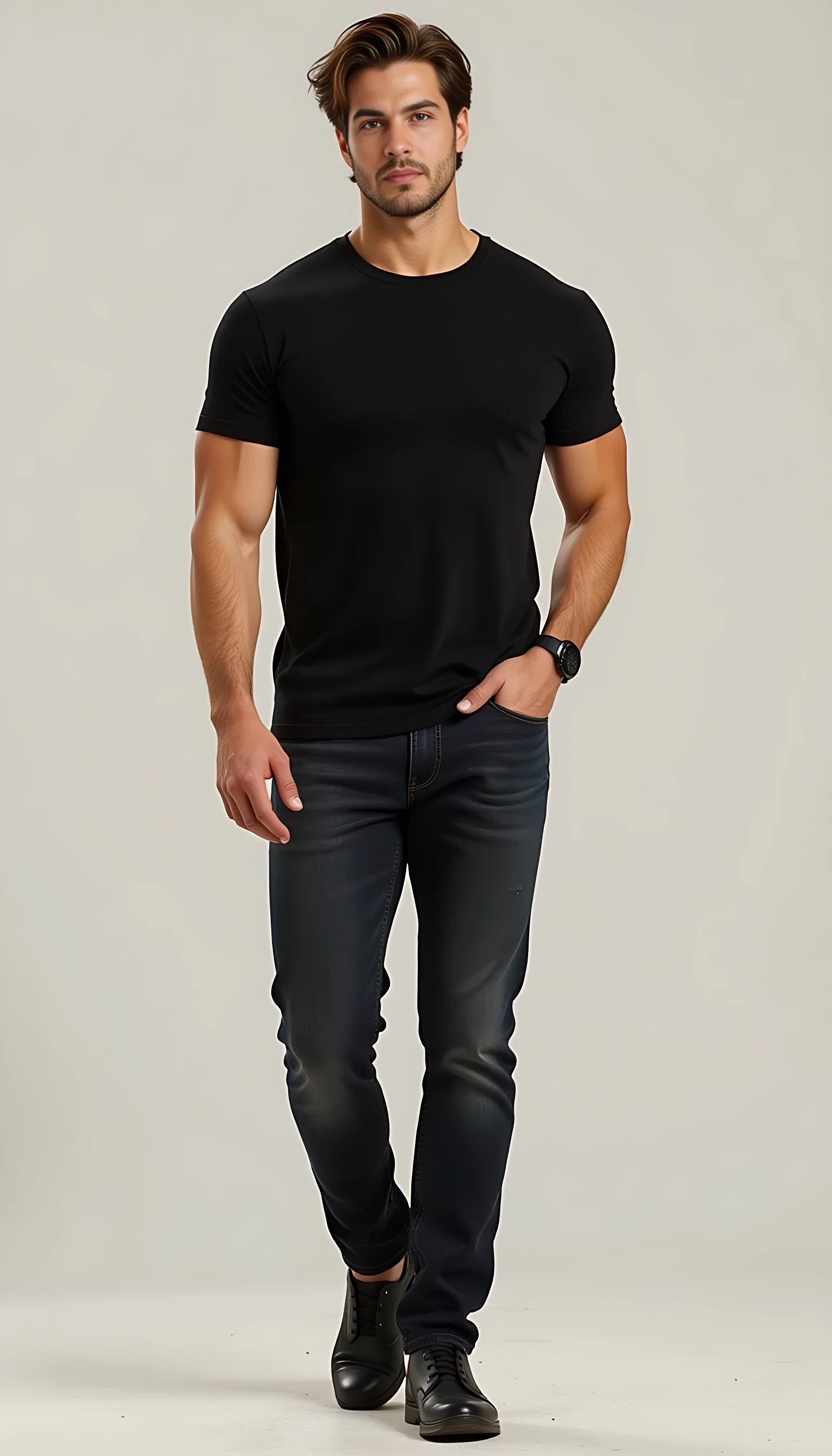 Create a 21-year-old male character, 6'3", 250 lbs of lean muscle, with a commanding yet relaxed presence. He has broad shoulders and muscular arms in a fitted black T-shirt, dark denim jeans hugging his thighs, and expensive designer shoes. His dark brown hair is short on the sides, with longer, tousled top strands in a messy, "just rolled out of bed" style. His clean-shaven face features a straight nose, chiseled jaw with a subtle tic, and vibrant green eyes that hold secrets. He moves with confident, unhurried ease, blending youthful strength, mystery, and casual charm.