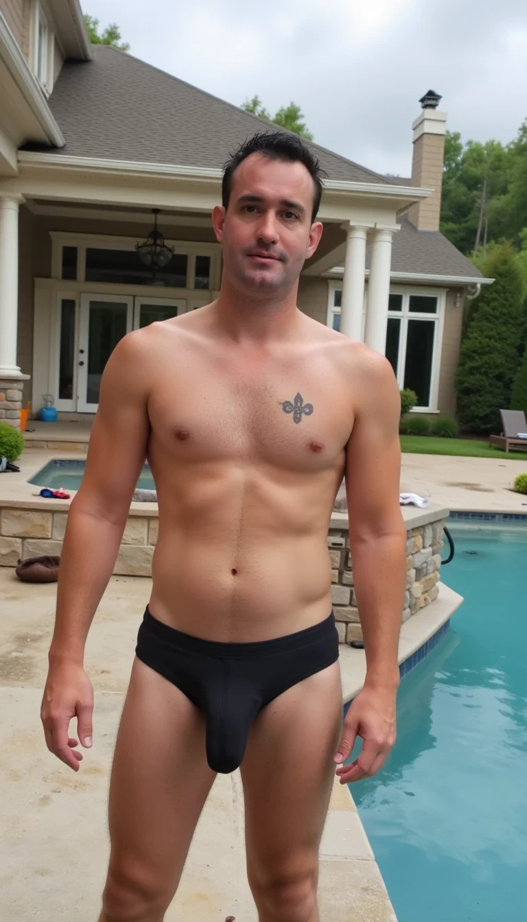 photo of man CSTMDL, boring low quality snapchat photo circa 2015, male model wearing black swim shorts in front of luxury villa