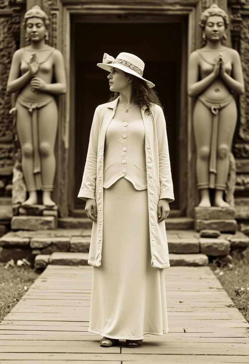photo of a woman CSTMDL, beautiful, hair tied, stands confidently in front of an ancient Cambodian Khmer temple, wearing a vintage 1900 inspired, cream-colored suit with a long coat and wide-legged dress. She wears a small pendant. The photo is an old black and white type. She dons a vintage white explorer hat adorned with a decorative band, and her hands are gently crossed behind her back. The background features large stone statues and intricate carvings, evoking a sense of historical grandeur. The wooden walkway beneath her adds a touch of rustic charm to the scene.