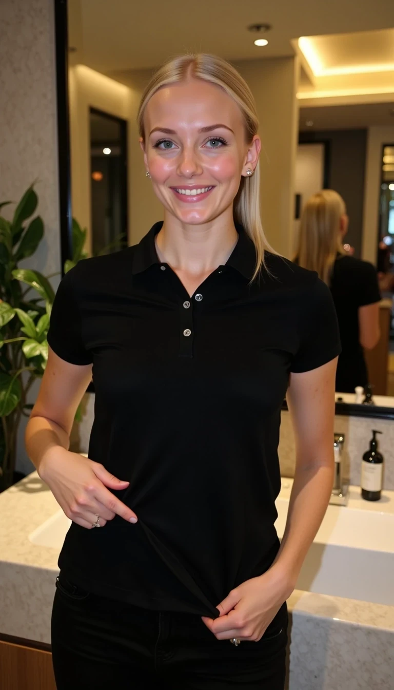CSTMDL, Hailey, A photorealistic portrait of a young woman in her early 20s with fair porcelain skin, smooth complexion, subtle natural makeup with soft pink lips and light eyeliner, straight blonde hair tied back in a neat ponytail, bright blue eyes sparkling with warmth, friendly genuine smile revealing straight white teeth, confident and approachable demeanor, gazing directly at the viewer with engaging eye contact; she is wearing a fitted black short-sleeved polo shirt, tucked into slim black pants, no visible accessories; she is unzipping her pants and showing her light blue colored panties under her pants. set in a modern upscale restaurant bathroom interior with high ceilings, warm ambient lights with golden glow in the background; dominant colors are neutral blacks and grays with pops of green foliage, warm wood tones; composition is a medium close-up shot from a slight low angle to emphasize approachability, framed centrally with balanced symmetry, captured with a Canon EOS 5D Mark IV camera using a 50mm prime lens at f/2.8 aperture for shallow depth of field, ISO 100 for crisp details, lighting supplemented by soft indoor LEDs at 4000K color temperature, hyper-realistic textures like the soft cotton weave of the polo shirt, and smooth skin pores; ultra-detailed, hyperrealism, photorealistic rendering indistinguishable from a high-resolution photograph, 8k resolution.