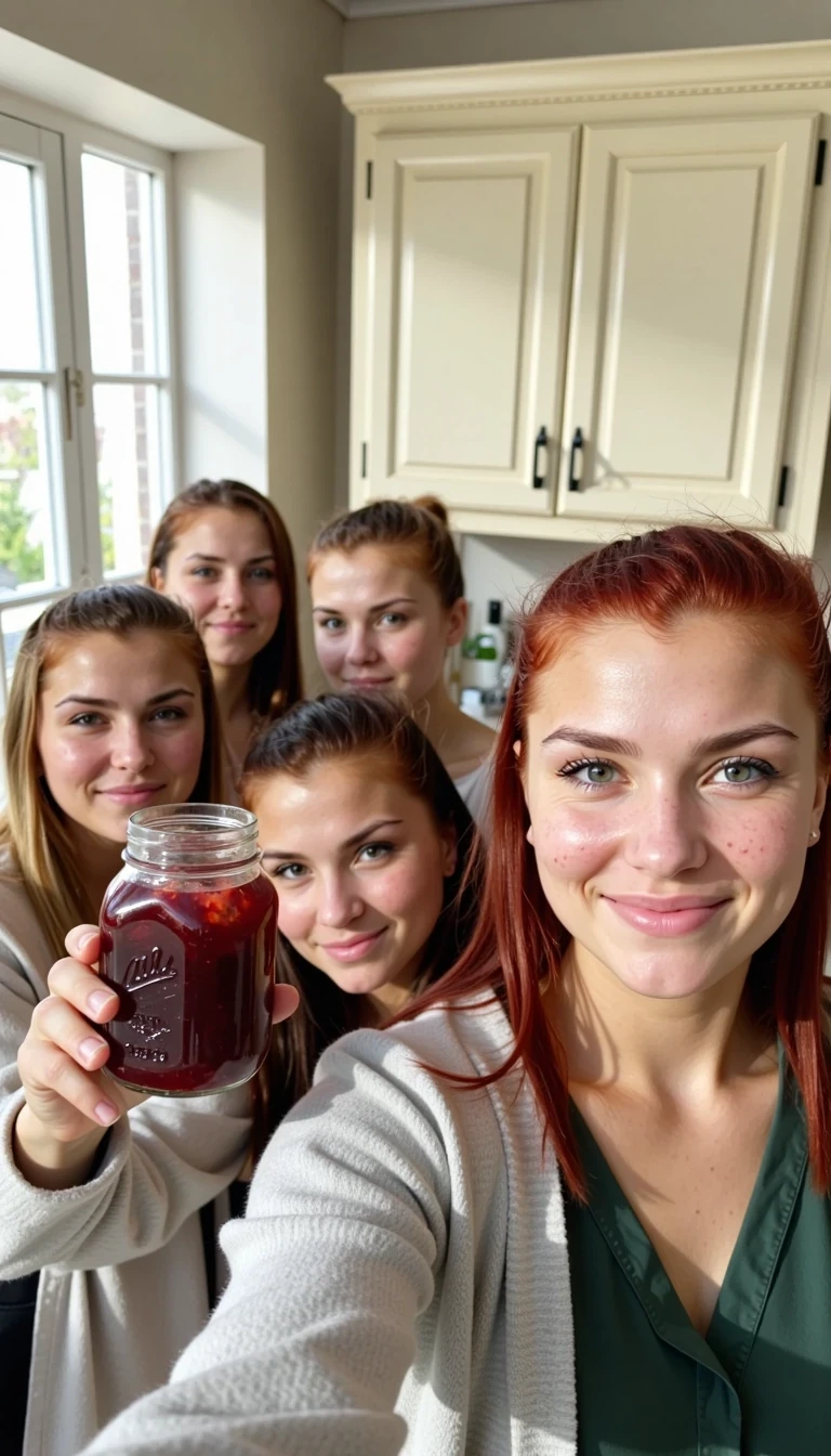 CSTMDL, Isabella red hair green eyes. This photograph captures a group selfie of five young women standing closely together in a brightly lit, indoor setting, possibly a kitchen. The image is taken from a slightly low angle, focusing on their smiling faces. Isabella is in the foreground on the right has red hair, fair skin, and is wearing a light gray, long-sleeved shirt. She is smiling directly at the camera. To her left, a blonde woman (do not use Isabella randomly pick facial features and create a new person) with fair skin and a green shirt is also smiling. In the center, a woman  do not use Isabella randomly pick facial features and create a new person)with brown hair and fair skin is holding up a glass jar filled with a red, chunky substance, likely homemade jam or preserves. She is wearing a res long-sleeved shirt and has a cheerful expression. Behind her, a woman do not use Isabella randomly pick facial features and create a new person)with light brown hair and fair skin, wearing a white top, is smiling. To the far left, a woman with long blonde hair and fair skin, wearing a white shirt, is slightly pouting with a playful expression. The background features cream-colored cabinets with ornate detailing and a window with white frames, allowing natural light to fill the room. The overall mood of the photograph is friendly and cheerful, emphasizing a sense of camaraderie and shared joy.
