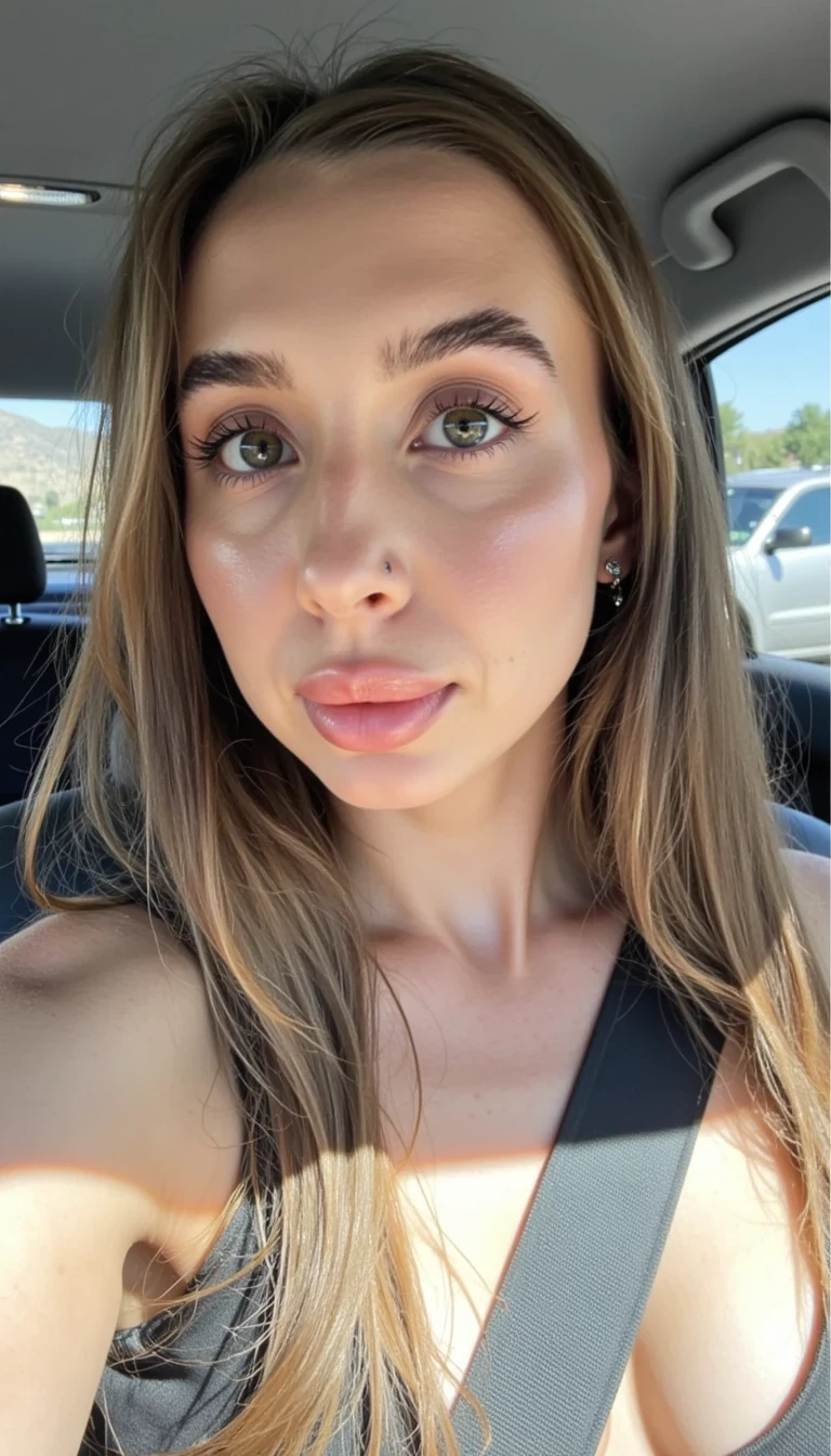  Taylor enjoying a day taking a sun filled selfie in the car with the seatbelt pressed up against her breast 
