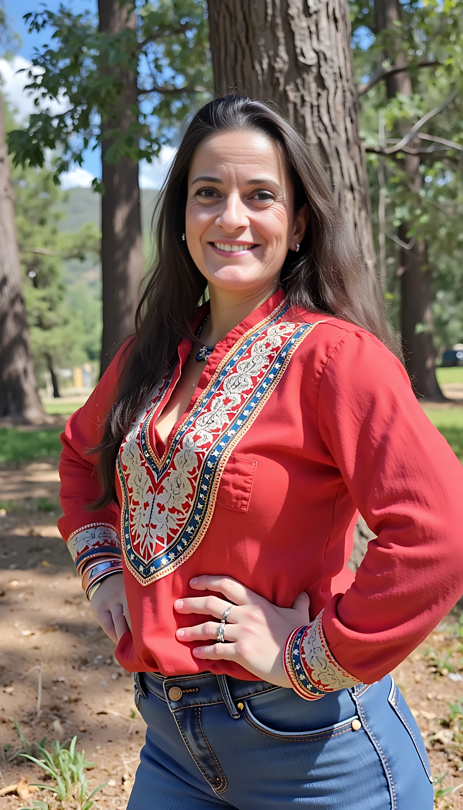 photo of brunette woman CSTMDL shy smile, small puffy saggy tits in USA indian historical national costume in indian reservation