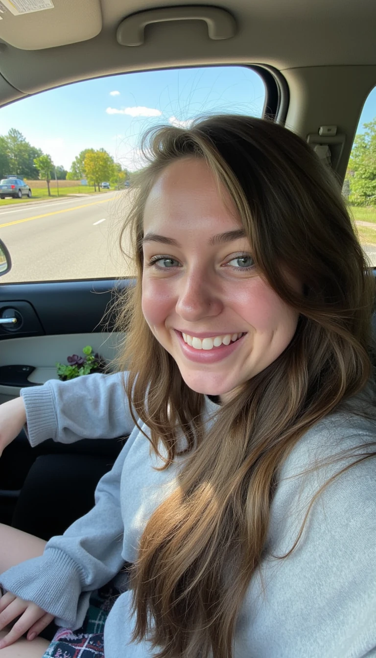 boring low quality snapchat photo circa 2015, A young woman with a warm smile, sitting in the driver's seat of a cozy car. She has soft, wavy brown hair cascading past her shoulders. The sunlight streams through the window, casting a gentle glow on her face. The interior of the car is neat and comfortable, with a coffee cup in the cup holder and a small plant on the dashboard. The background outside the window shows a scenic road lined with trees and blue skies
