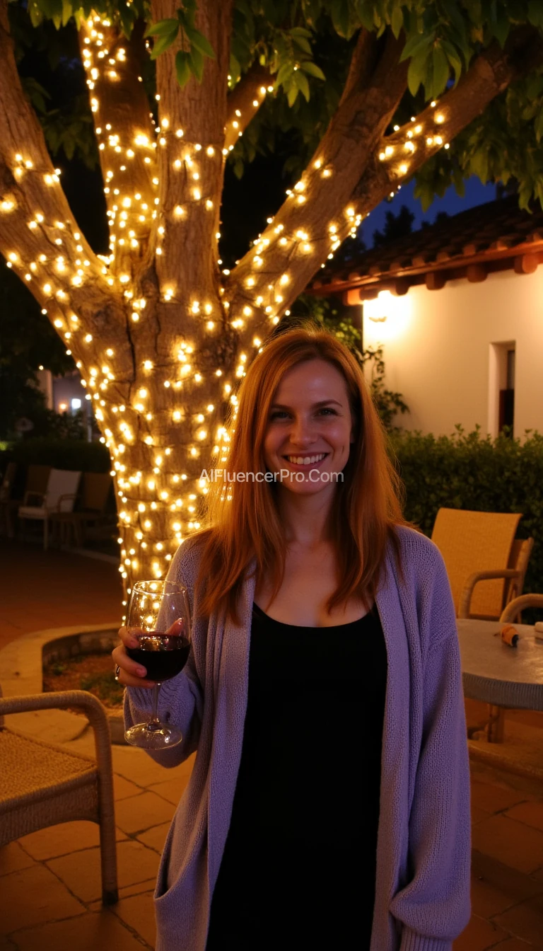 A full body shot photo of a woman standing outdoors at a cozy, warmly lit patio in the evening, with soft, glowing lights wrapped around a tree behind them creating a charming atmosphere. The image is rich in detail, with warm tones and clear textures throughout. The woman has fair skin, a slim build, and long reddish-blonde hair, also worn loose. She is smiling warmly at the camera, holding a glass of red wine in her right hand, and wears a soft-textured lavender cardigan over a black top. The background features a large tree with sparkling string lights wrapped around its trunk and branches, adding a magical touch to the scene. The setting suggests a private outdoor seating area, with elements like terracotta-tiled roofing, greenery, and rattan chairs contributing to a serene, inviting vibe. The overall composition is balanced, with the woman framed against the softly glowing tree, and the lighting enhances the warm, intimate feel of a quiet evening shared among friends. The details are vivid, with textures of clothing, skin, and background elements clearly visible, while the warm lighting creates a relaxed and joyful mood