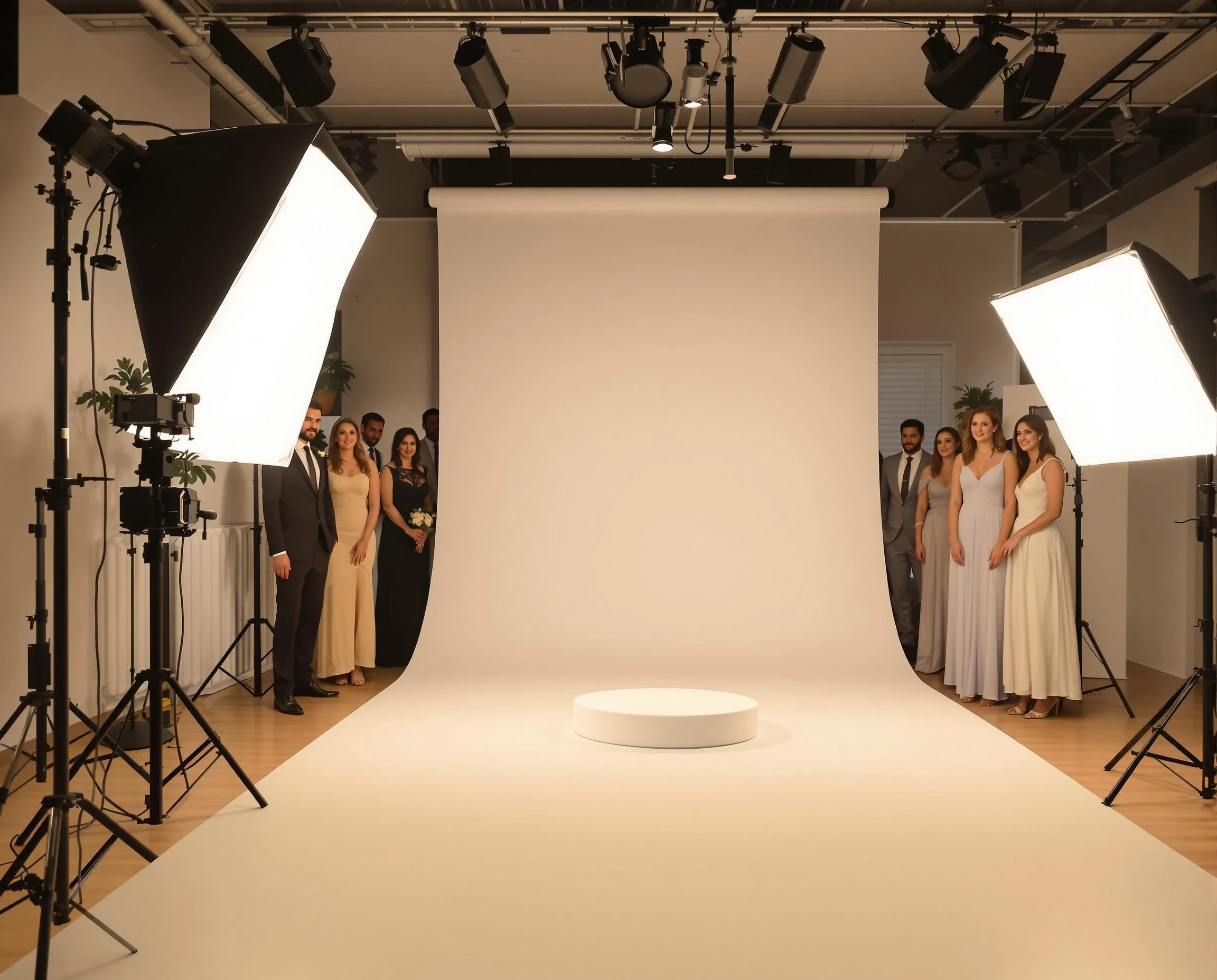 A modern photo studio with professional studio lighting, featuring soft, diffused key lights and a clean, neutral backdrop. In the center of the composition is an empty placeholder object (e.g., a neutral, simple pedestal) designed to be replaced later with a subject. Surrounding the placeholder, at the sides of the frame, are wedding guests dressed in elegant attire, arranged casually as if waiting for the main subject to take their place. The atmosphere should feel celebratory and warm, with the lighting highlighting the guests and casting subtle, natural shadows. Ensure the focus is on the central placeholder, while the wedding guests appear slightly blurred in the background to suggest depth and attention to the center.