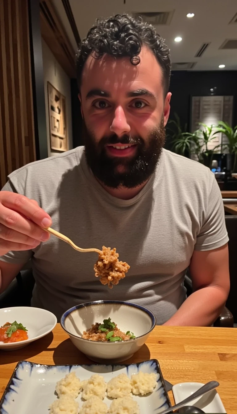 photo of man CSTMDL, fully clothed, eating poop in a very expensive sushi restaurant
