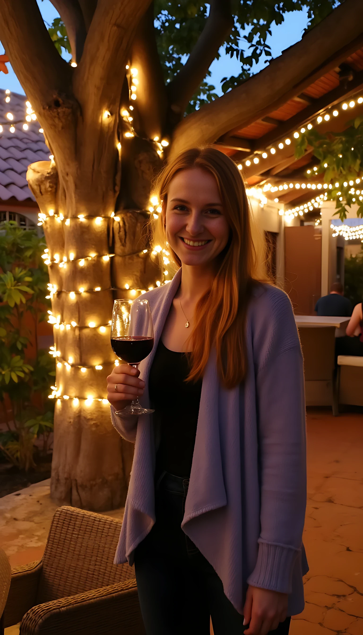 A full body shot photo of a woman standing outdoors at a cozy, warmly lit patio in the evening, with soft, glowing lights wrapped around a tree behind them creating a charming atmosphere. The image is rich in detail, with warm tones and clear textures throughout. The woman has fair skin, a slim build, and long reddish-blonde hair, also worn loose. She is smiling warmly at the camera, holding a glass of red wine in her right hand, and wears a soft-textured lavender cardigan over a black top. The background features a large tree with sparkling string lights wrapped around its trunk and branches, adding a magical touch to the scene. The setting suggests a private outdoor seating area, with elements like terracotta-tiled roofing, greenery, and rattan chairs contributing to a serene, inviting vibe. The overall composition is balanced, with the woman framed against the softly glowing tree, and the lighting enhances the warm, intimate feel of a quiet evening shared among friends. The details are vivid, with textures of clothing, skin, and background elements clearly visible, while the warm lighting creates a relaxed and joyful mood