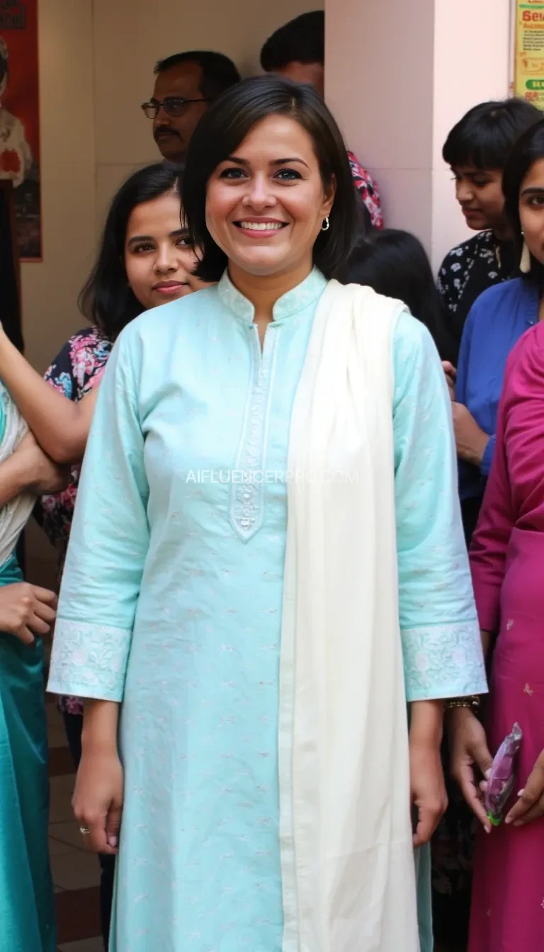 A woman wearing a light blue patterned traditional Indian salwar suit stands with a white dupatta draped over her shoulders. She has short black hair and is smiling softly, surrounded by a group of people. The background features a wall with posters and additional people partially visible. The atmosphere is casual and friendly.