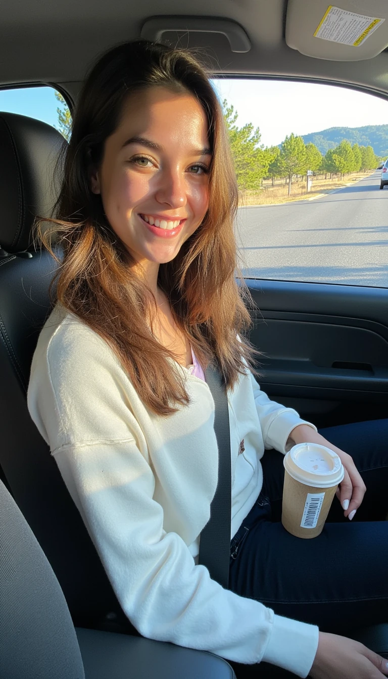 boring low quality snapchat photo circa 2015, A young woman with a warm smile, sitting in the driver's seat of a cozy car. She has soft, wavy brown hair cascading past her shoulders. The sunlight streams through the window, casting a gentle glow on her face. The interior of the car is neat and comfortable, with a coffee cup in the cup holder and a small plant on the dashboard. The background outside the window shows a scenic road lined with trees and blue skies