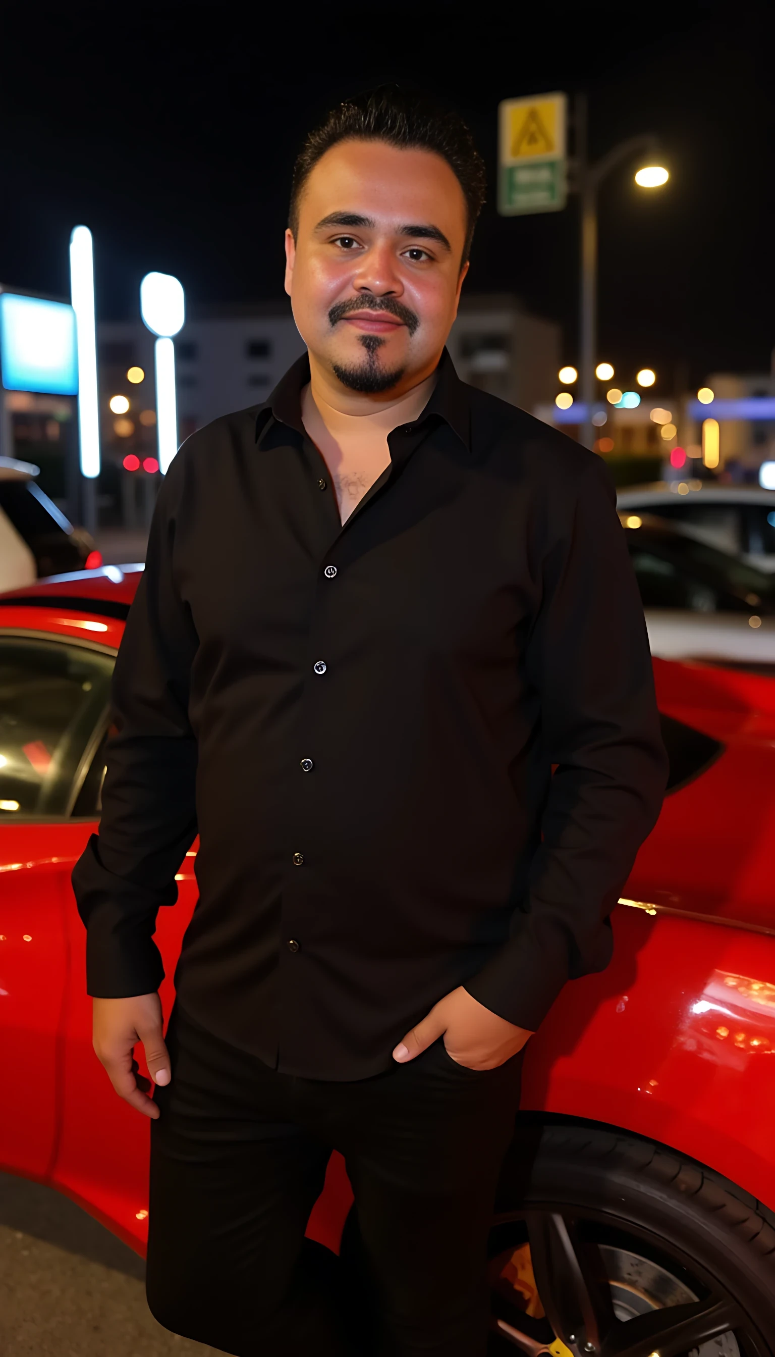 full man average body  wearing a  black dress shirt posing on a Ferrari car in a city night light background 

