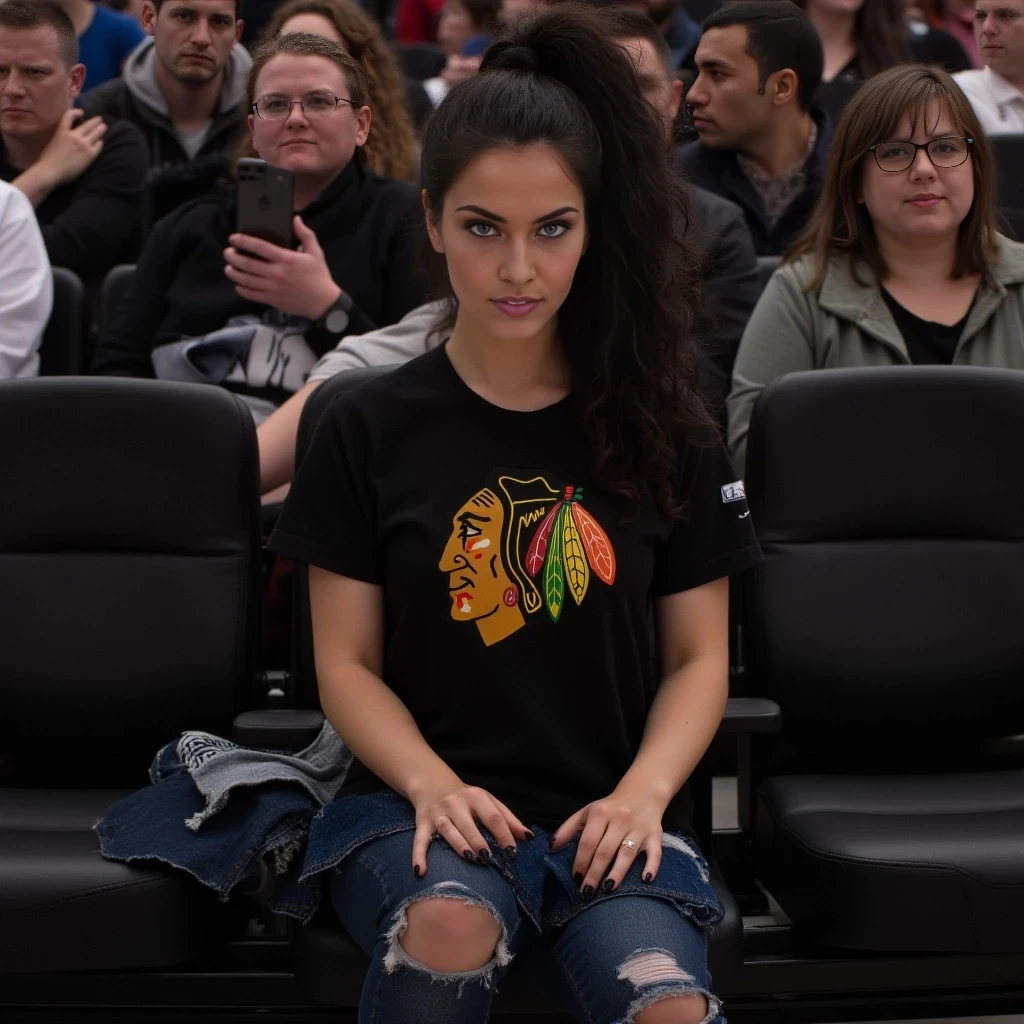 A full-body hyperrealistic image of a confident alternative woman with an athletic, toned body and soft curves. She’s wearing a tight black t-shirt chicago blackhawks, frayed denim jeans. Her hair is in a high piny tail. She sits in her seat leg crossed looking at the camera as if a friend casually took it with there phone when she looked at them, she is in a sold out hockey crowd for a very important game in chicago.  The crowd will be home team orientated for chicago blackhawks of the nhl, very excited and involved in the game.  The image should look photorealistic with perfect proportions, smooth lighting, and natural skin texture. make sure it has all accurate emblems.  . Her hair is dark in color and wavy to match previous versions of Vex

no extra limbs, no poor lighting, no unrealistic textures, no bad proportions, no cartoon style, no missing fingers, no distorted anatomy, no wide-angle lens, no fantasy style,