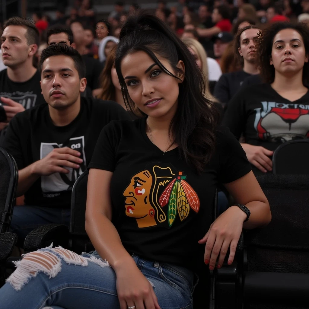 A full-body hyperrealistic image of a confident alternative woman with an athletic, toned body and soft curves. She’s wearing a tight black t-shirt chicago blackhawks, frayed denim jeans. Her hair is in a high piny tail. She sits in her seat leg crossed looking at the camera as if a friend casually took it with there phone when she looked at them, she is in a sold out hockey crowd for a very important game in chicago.  The crowd will be home team orientated for chicago blackhawks of the nhl, very excited and involved in the game.  The image should look photorealistic with perfect proportions, smooth lighting, and natural skin texture. make sure it has all accurate emblems.  . Her hair is dark in color and wavy to match previous versions of Vex

no extra limbs, no poor lighting, no unrealistic textures, no bad proportions, no cartoon style, no missing fingers, no distorted anatomy, no wide-angle lens, no fantasy style,