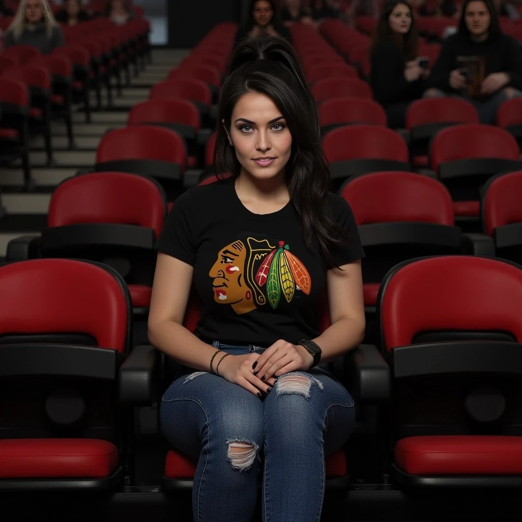 A full-body hyperrealistic image of a confident alternative woman with an athletic, toned body and soft curves. She’s wearing a tight black t-shirt chicago blackhawks, frayed denim jeans. Her hair is in a high piny tail. She sits in her seat leg crossed looking at the camera as if a friend casually took it with there phone when she looked at them, she is in a sold out hockey crowd for a very important game in chicago.  The crowd will be home team orientated for chicago blackhawks of the nhl, very excited and involved in the game.  The image should look photorealistic with perfect proportions, smooth lighting, and natural skin texture. make sure it has all accurate emblems.  . Her hair is dark in color and wavy to match previous versions of Vex

no extra limbs, no poor lighting, no unrealistic textures, no bad proportions, no cartoon style, no missing fingers, no distorted anatomy, no wide-angle lens, no fantasy style,