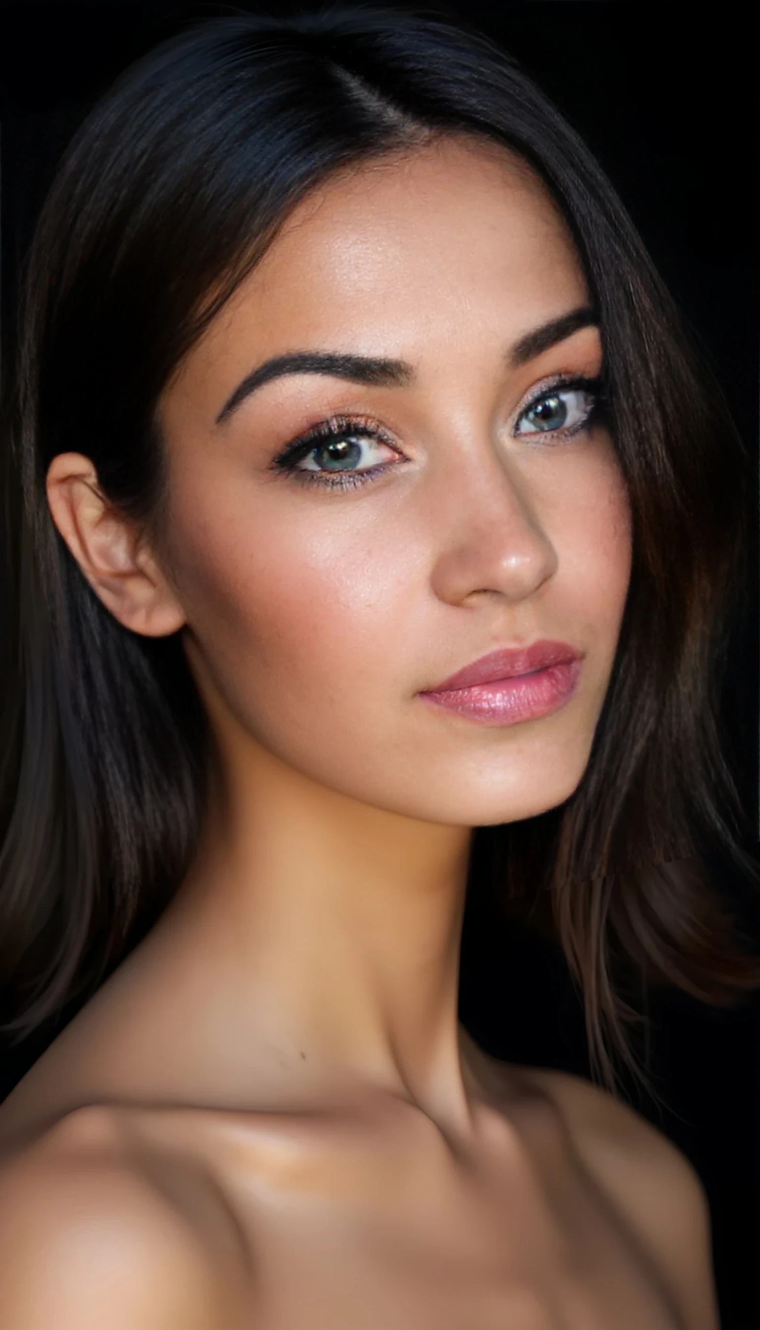 
Ultra-photorealistic portrait of a 22 yr old woman with symmetrical, soft facial features and a serene expression. Her skin is smooth, glowing with a natural complexion and subtle highlights on the cheekbones and forehead. She has gently arched eyebrows, delicately shaped and well-groomed. Her almond-shaped blue eyes are large and expressive, framed with long, dark lashes and a soft touch of natural makeup. Her lips are full and slightly parted, with a soft pink hue, appearing moisturized and balanced in proportion. Her nose is straight and finely contoured, fitting harmoniously with the rest of her face. Her hair falls naturally around her face in smooth waves, dark and lustrous, with realistic texture and volume. The lighting is soft and even, enhancing the natural beauty and subtle details of her features. Rendered in 8K resolution, cinematic style, lifelike texture, depth, and skin detail, with shallow depth of field and a high dynamic range.