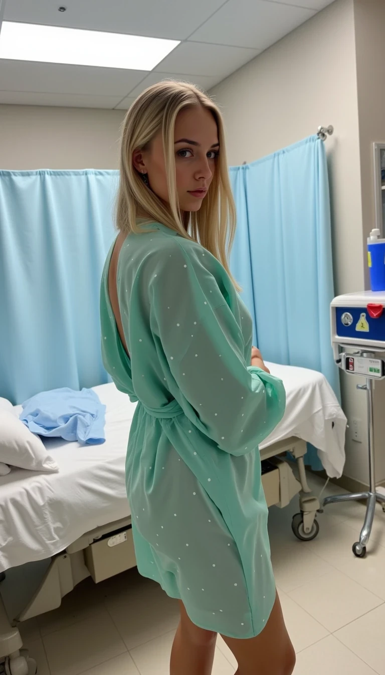 IMG_2019.HEIC, CSTMDL, Hailey, hyper-realistic photograph of a young woman in her early-20s with warm fair skin tone, blonde hair cascading over her shoulders, standing in a sterile hospital room with light blue privacy curtains drawn partially, wearing a loose-fitting mint green hospital gown with small white polka dots, the gown tied loosely at the back and slightly open to reveal her smooth bare back and buttocks, her body slightly arched as she looks over her right shoulder with a serious, intense gaze and subtle confident demeanor, no visible sweat or signs of exertion, no accessories except the gown, background includes a white-sheeted hospital bed with blue pillow and folded white blanket, medical equipment like an IV stand and glove box on a side table, fluorescent ceiling lights casting soft cool white illumination with subtle shadows on the tiled floor and walls, dominant colors are mint green, soft blues, and sterile whites, overall atmosphere of quiet vulnerability mixed with subtle allure, medium shot from a low angle behind her, captured with a Canon EOS 5D Mark IV camera using a 50mm prime lens at f/2.8 aperture, ISO 200, natural indoor lighting with high detail and sharpness, photorealistic textures on the thin cotton fabric of the gown with faint wrinkles and soft folds, glossy tile floor reflections, ultra-detailed skin pores and hair strands, indistinguishable from a real high-resolution photo