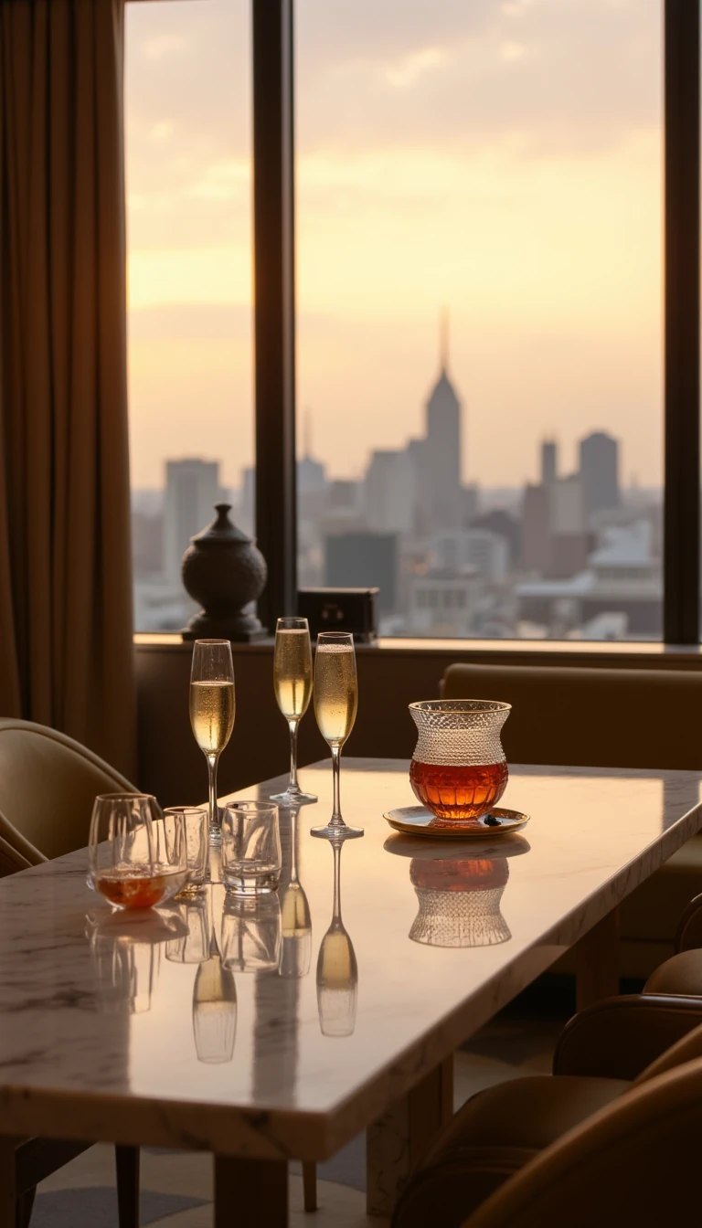 Ultra realistic, cinematic photography of a high-end luxury scene, golden hour lighting, warm tones, depth of field, 8k resolution, perfect focus, soft shadows, luxury interior design with marble, gold accents, glass details,  champagne on the table, modern penthouse view of a city skyline, hyper-detailed textures,  masterpiece photography, shot on Leica S3, bokeh background