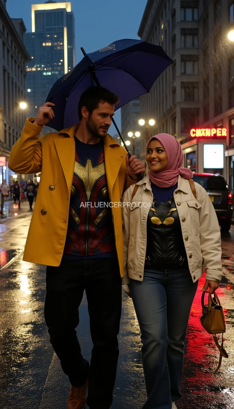 "Create a photorealistic image of a man resembling Chris Hemsworth, walking through the rain on a dark city street. He is wearing a yellow coat, holding it up with one hand, while his partner holds the edge of the coat with the other hand, using it as an improvised umbrella to shield them from the rain. Underneath the yellow coat, he wears a t-shirt with the iconic design of Thor's superhero costume, featuring red, gold, and silver details. The background features a glowing hotel with tall buildings. The man has a neat beard, strong jawline, and soothing blue eyes. He is wearing black trousers. His partner, a woman resembling Halle Berry, has a radiant smile and is wearing a pink hijab, a white jacket, and jeans. Under her jacket, she wears a t-shirt with the iconic design of Catwoman’s superhero costume, featuring sleek black leather with a cat-eye mask detail. Both smile at each other. The wet street reflects the shimmering hotel lights, creating a romantic, cinematic atmosphere in the rain."