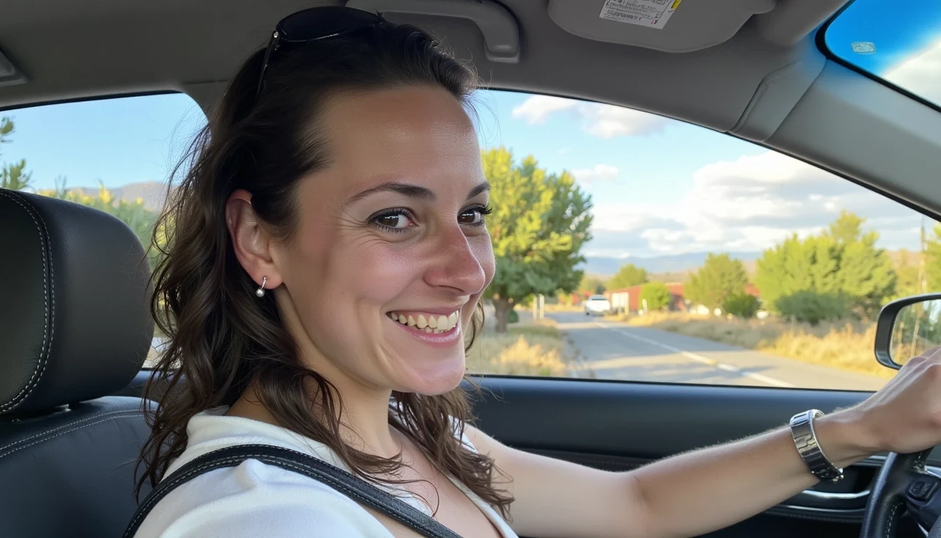 boring low quality snapchat photo circa 2020, A young woman with a warm smile, sitting in the driver's seat of a cozy car. She has soft, wavy brown hair cascading past her shoulders. The sunlight streams through the window, casting a gentle glow on her face. The interior of the car is neat and comfortable, with a coffee cup in the cup holder and a small plant on the dashboard. The background outside the window shows a scenic road lined with trees and blue skies