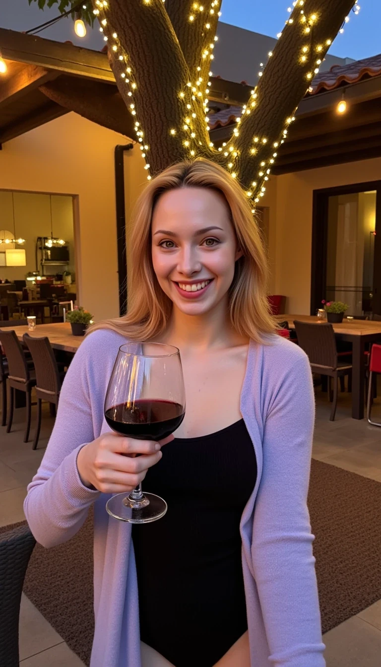 A full body shot photo of a woman standing outdoors at a cozy, warmly lit patio in the evening, with soft, glowing lights wrapped around a tree behind them creating a charming atmosphere. The image is rich in detail, with warm tones and clear textures throughout. The woman has fair skin, a slim build, and long reddish-blonde hair, also worn loose. She is smiling warmly at the camera, holding a glass of red wine in her right hand, and wears a soft-textured lavender cardigan over a black top. The background features a large tree with sparkling string lights wrapped around its trunk and branches, adding a magical touch to the scene. The setting suggests a private outdoor seating area, with elements like terracotta-tiled roofing, greenery, and rattan chairs contributing to a serene, inviting vibe. The overall composition is balanced, with the woman framed against the softly glowing tree, and the lighting enhances the warm, intimate feel of a quiet evening shared among friends. The details are vivid, with textures of clothing, skin, and background elements clearly visible, while the warm lighting creates a relaxed and joyful mood cstmdl